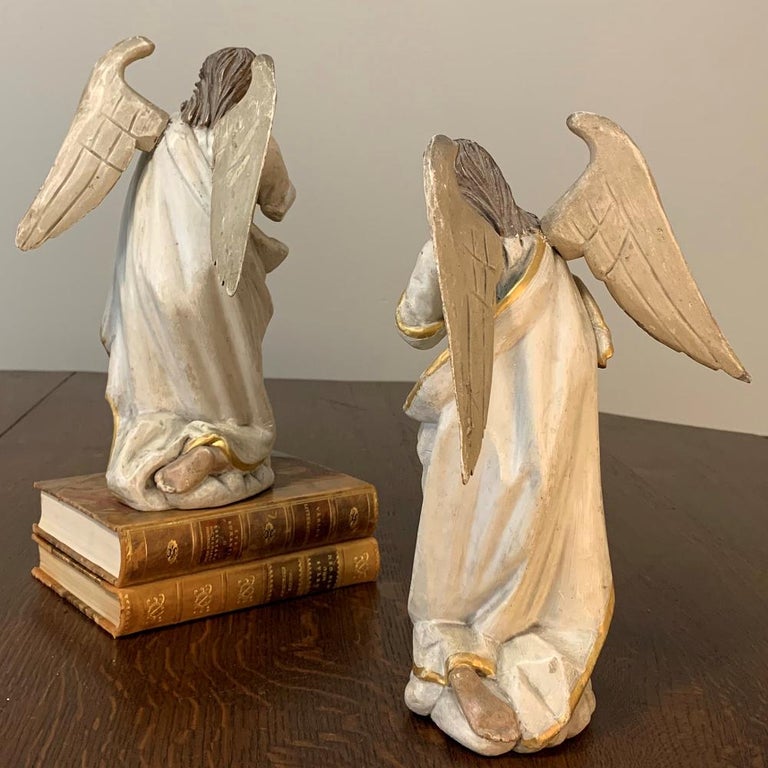 Pair of 18th Century Hand Carved and Painted Italian Angels For Sale 8