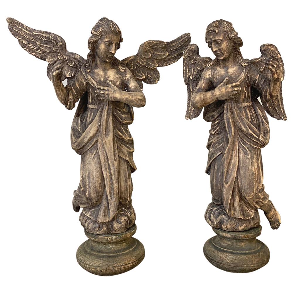 Pair 18th Century Hand-Carved Wooden Angels For Sale