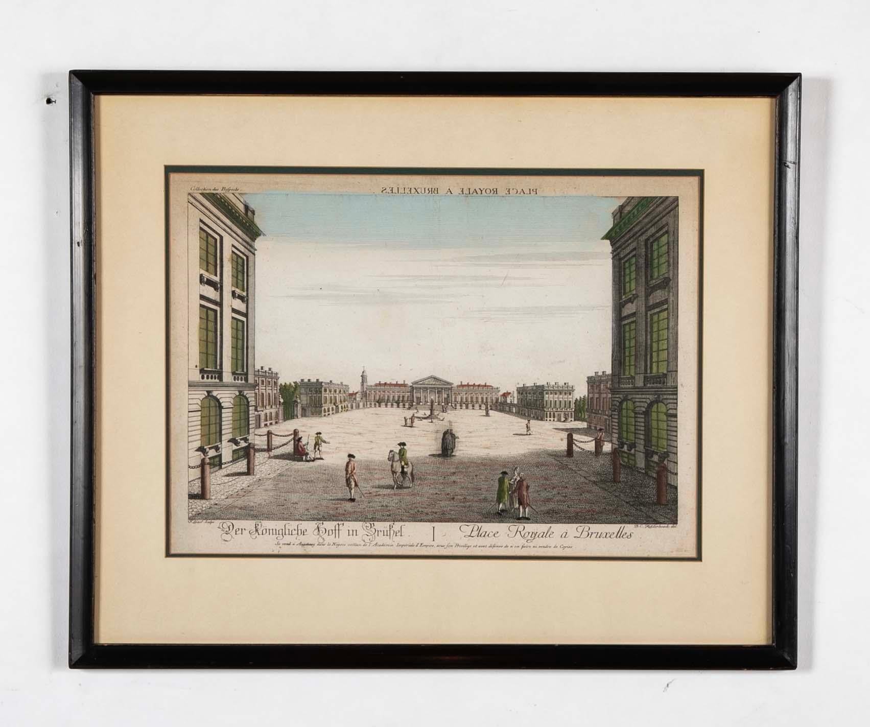 Paar handkolorierte Stiche des Königlichen Palastes und des Brüsseler Parks von Balthasar Friedrich Leizelt (auch Leizel genannt, tätig 1750-1800)  ein deutscher Künstler und Kupferstecher, der in Augsburg tätig war. Es sind wunderschöne und