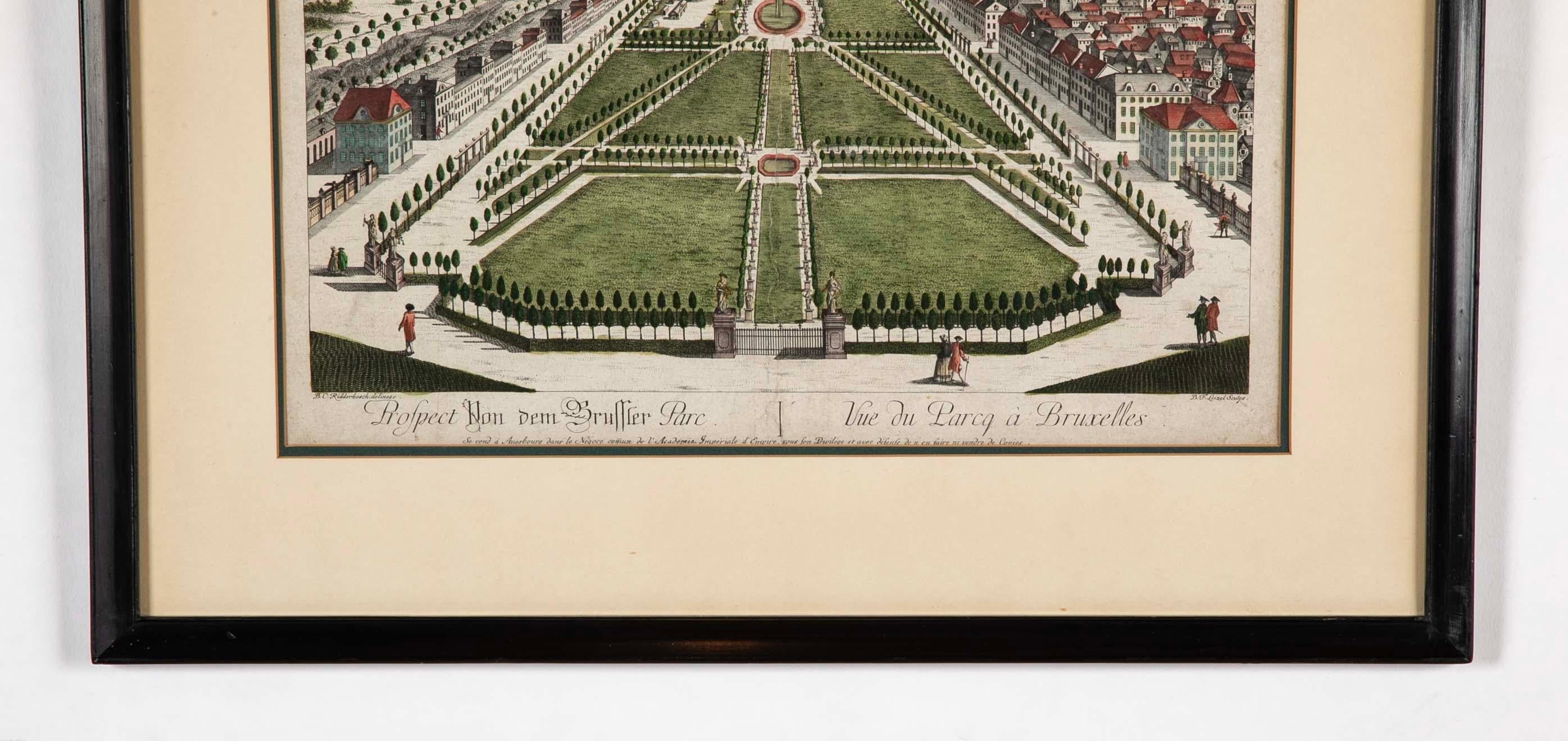Paar handkolorierte Gravuren von Brüssel aus dem 18. Jahrhundert von Frederic Leizel (Deutsch) im Angebot