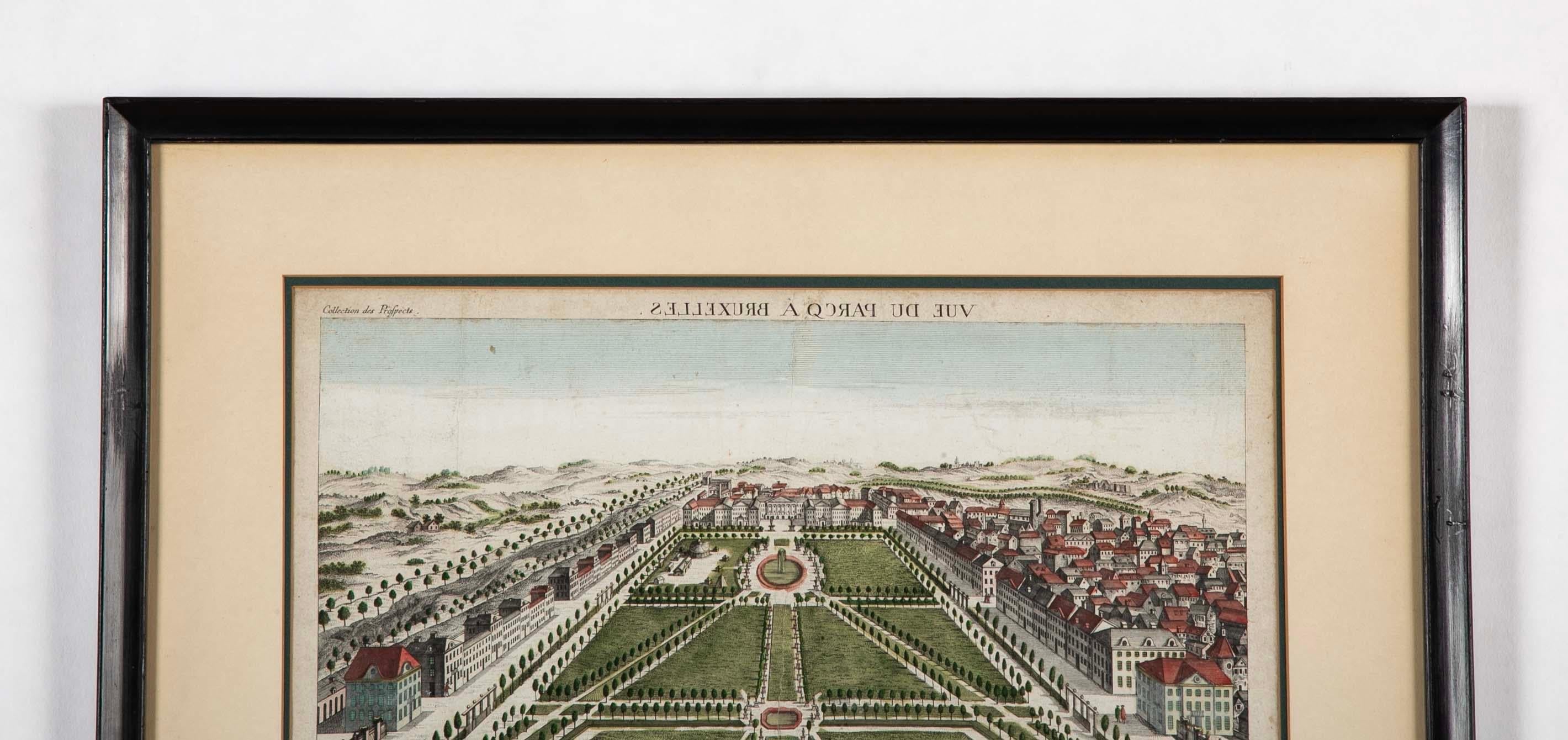Paar handkolorierte Gravuren von Brüssel aus dem 18. Jahrhundert von Frederic Leizel im Zustand „Gut“ im Angebot in Stamford, CT