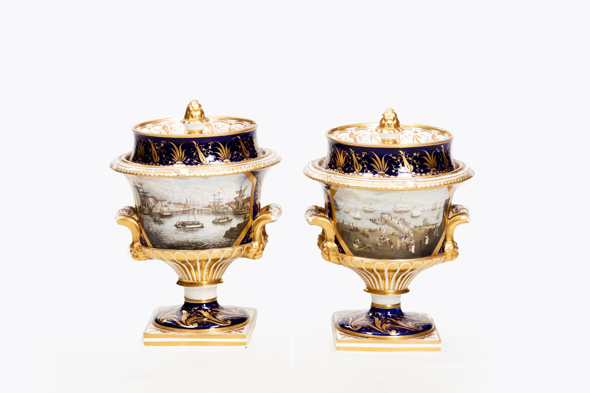 English Pair 18th Century Handpainted Royal Worcester Lidded Ice Pails For Sale