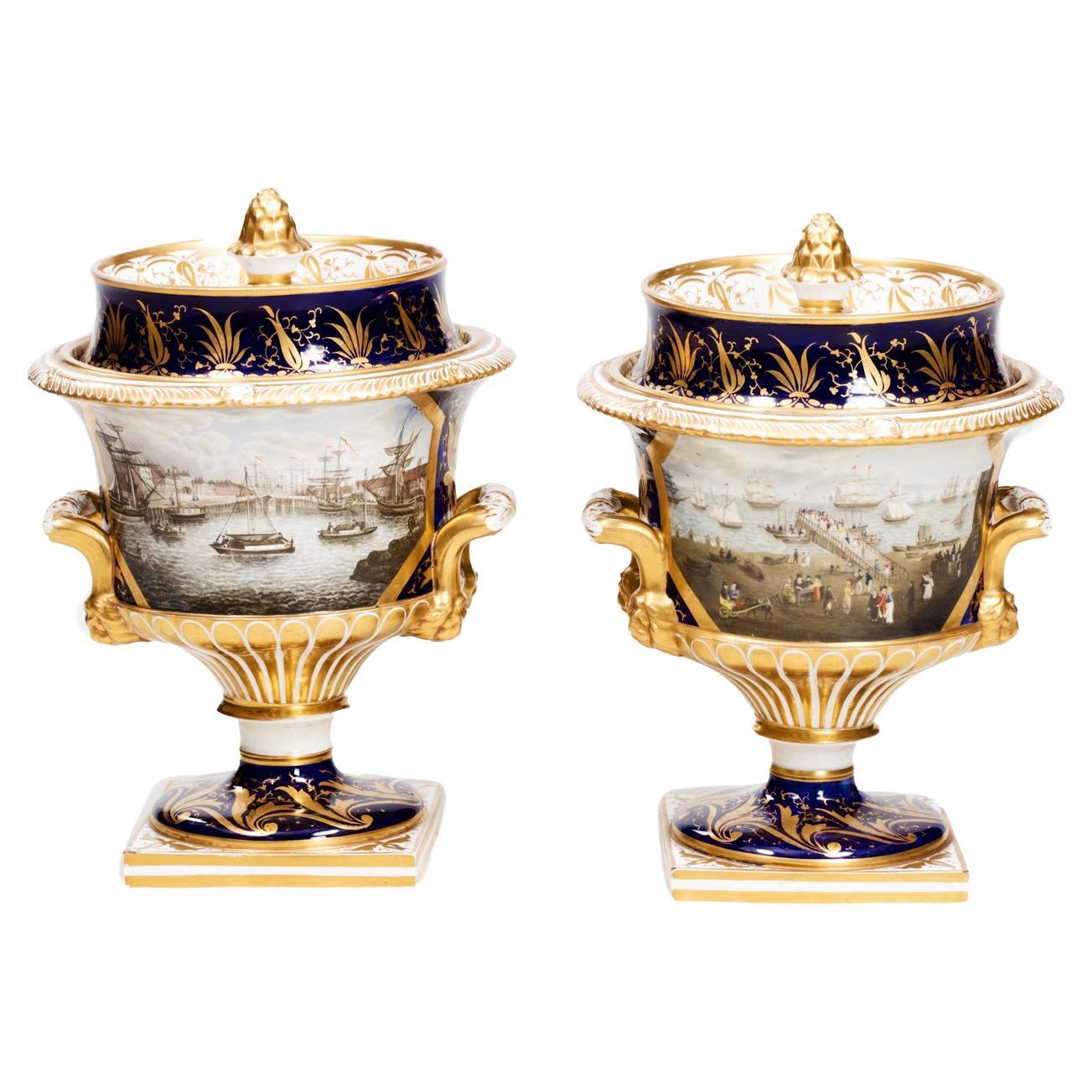 Pair 18th Century Handpainted Royal Worcester Lidded Ice Pails