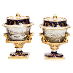Used Pair 18th Century Handpainted Royal Worcester Lidded Ice Pails