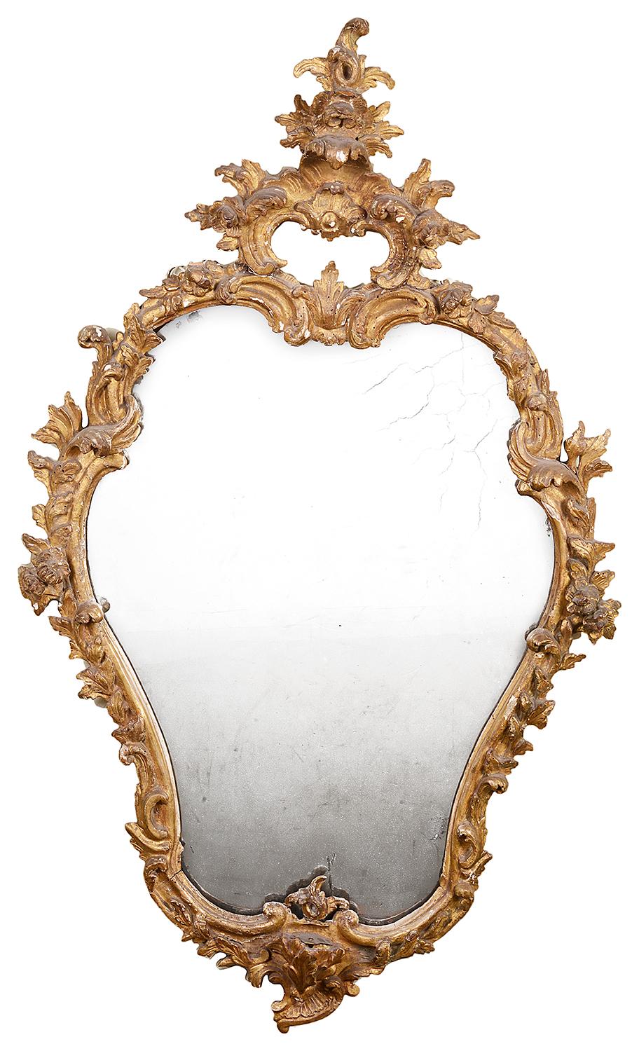 Hand-Carved Pair of 18th Century Italian Carved Giltwood Mirrors For Sale