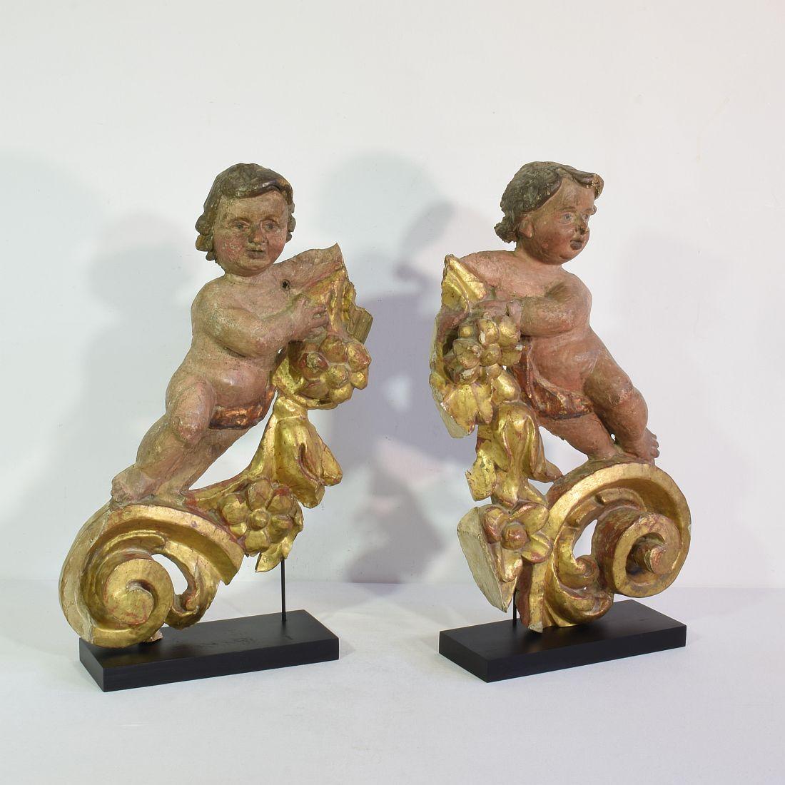 Hand-Carved Pair 18th Century, Italian Carved Wooden Baroque Angel Fragments