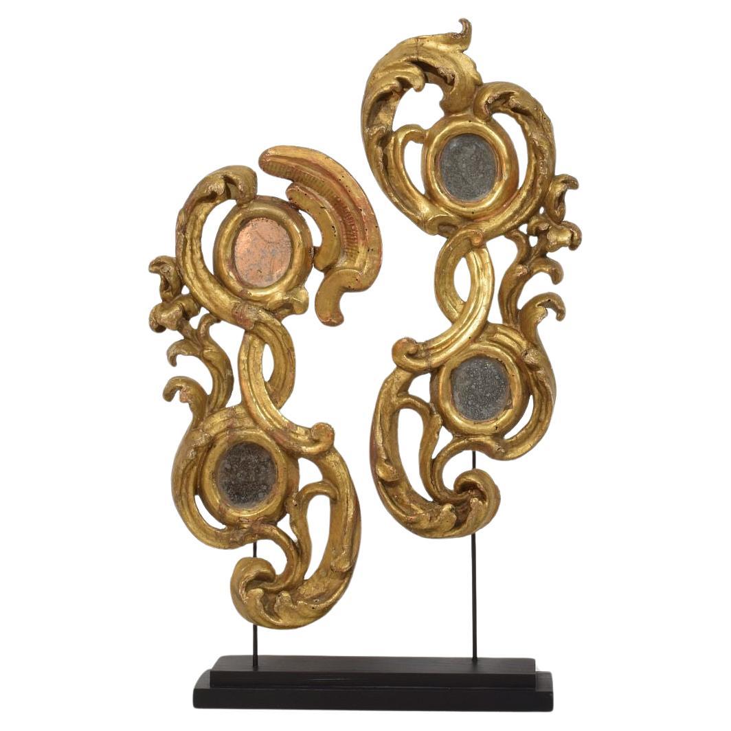 Pair 18th Century Italian Carved Wooden Baroque Curl Ornaments With Mirrors For Sale