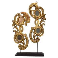Pair 18th Century Italian Carved Wooden Baroque Curl Ornaments With Mirrors
