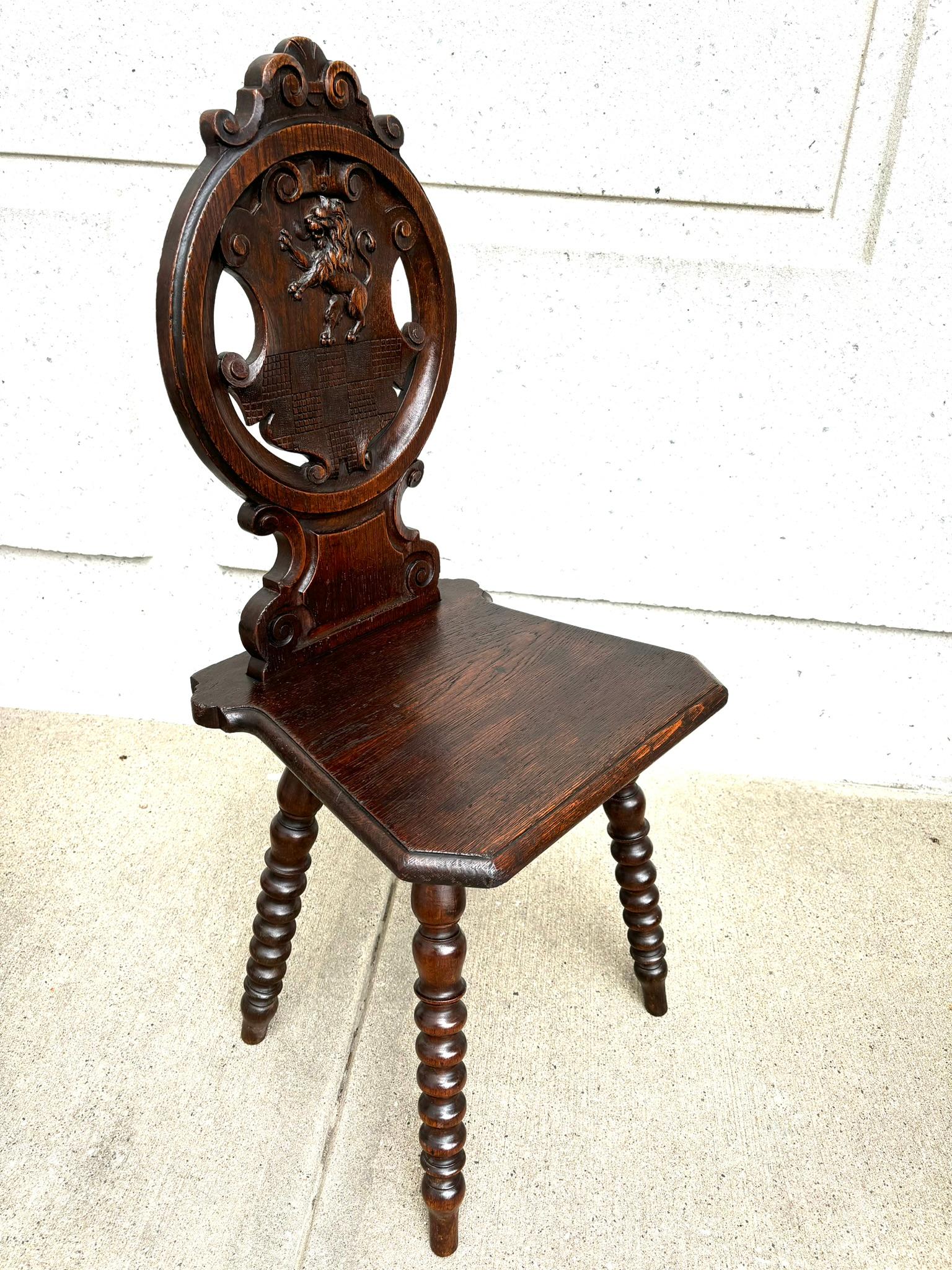 Pair 18th Century Italian Chestnut Hall Chairs Carved With Lion Crests  For Sale 6