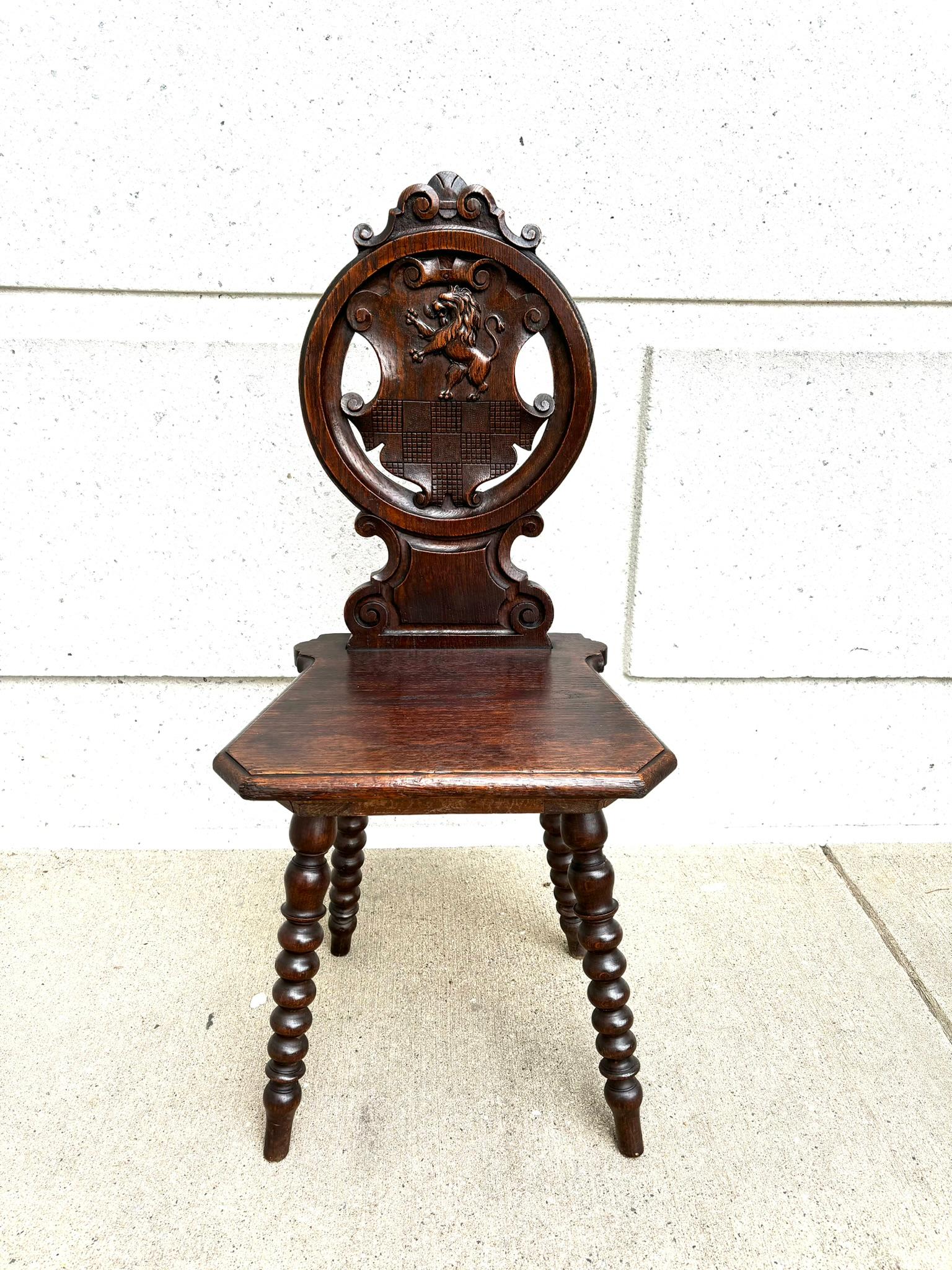 Pair 18th Century Italian Chestnut Hall Chairs Carved With Lion Crests  For Sale 14