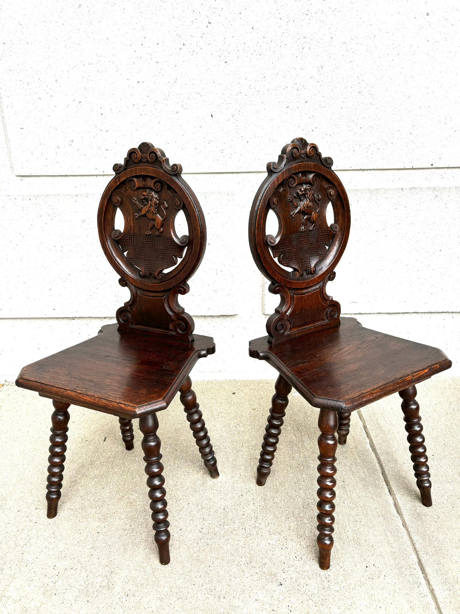 Pair 18th Century Italian Chestnut Hall Chairs Carved With Lion Crests  For Sale 2