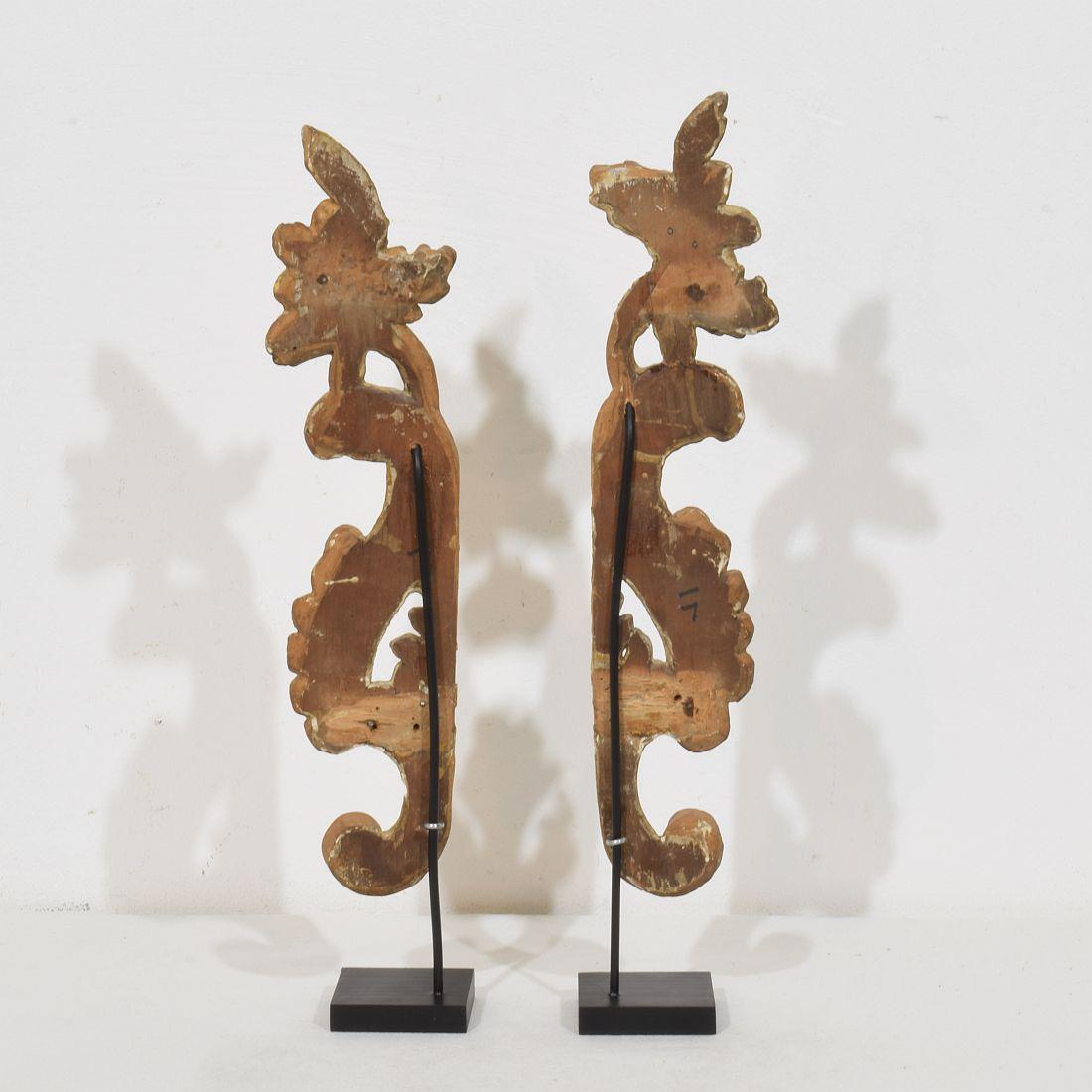 18th Century and Earlier Pair 18th Century Italian Hand Carved Giltwood Baroque Curl Ornaments For Sale