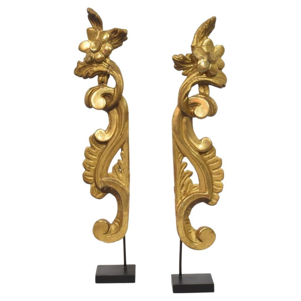 Pair 18th Century Italian Hand Carved Giltwood Baroque Curl Ornaments For Sale