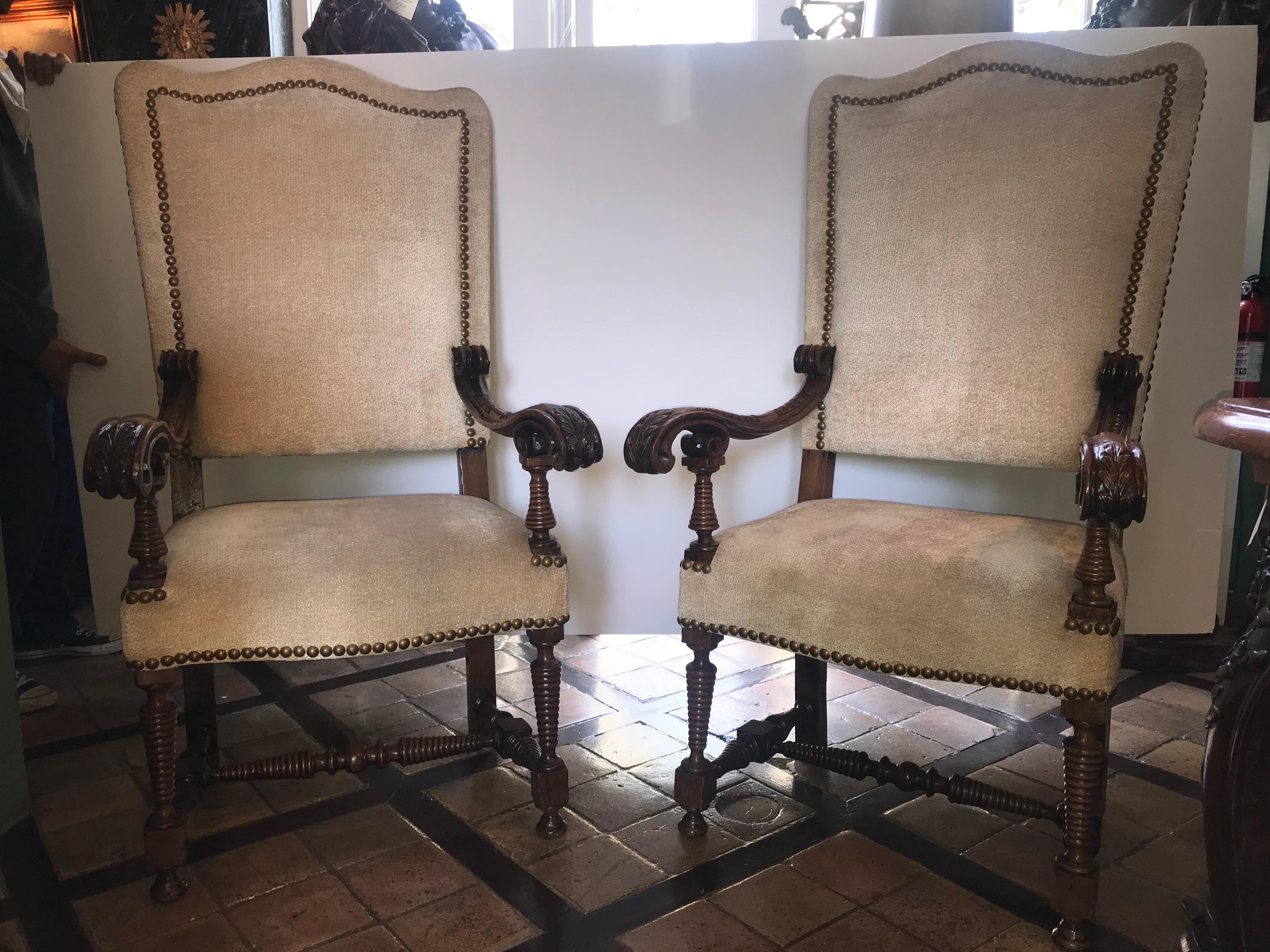 Upholstery Pair of 18th Century Italian High Back Hand Carved Walnut side Armchairs Antique