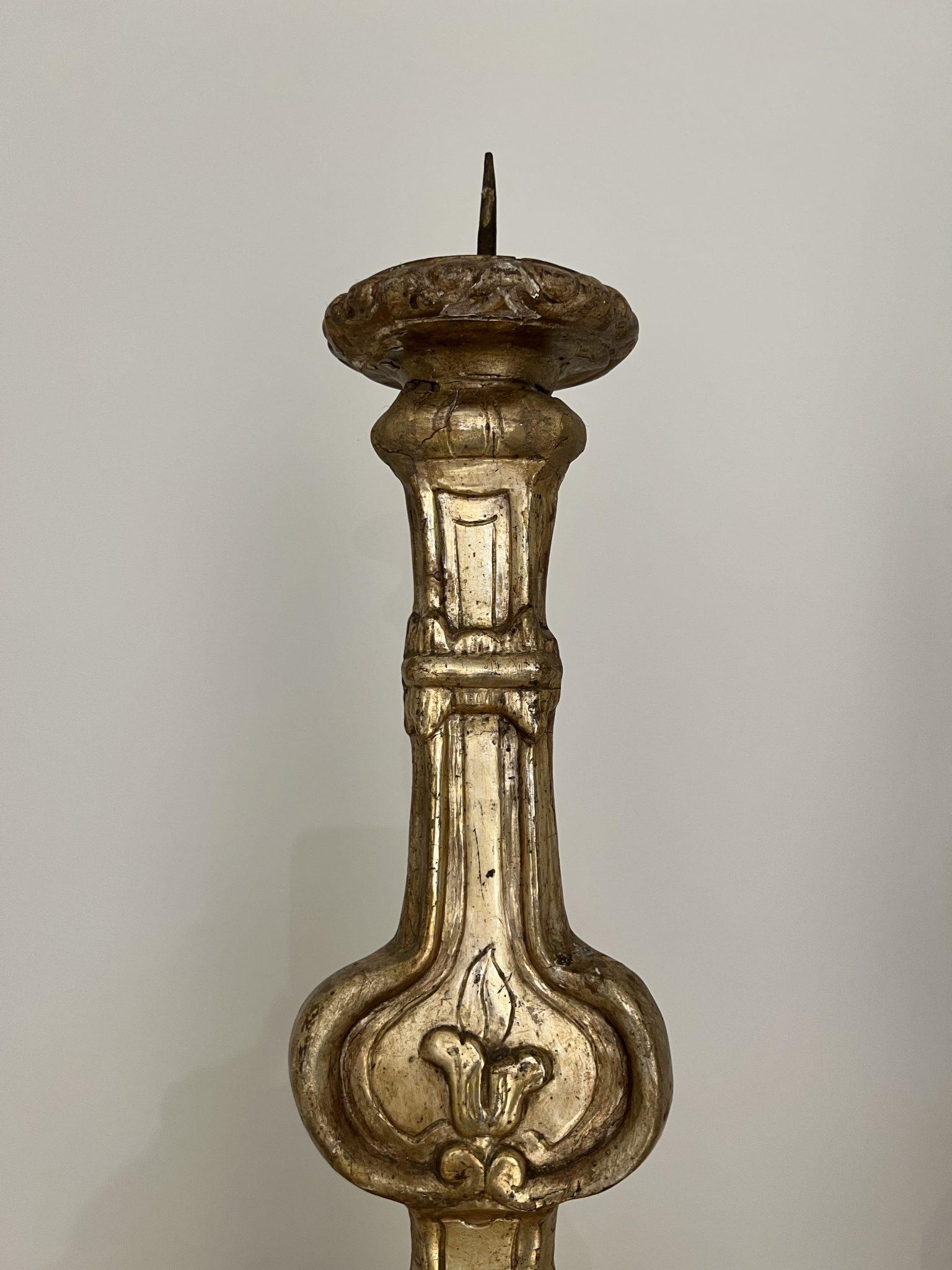 Gilt Pair 18th Century Italian Large Gold Candlesticks For Sale