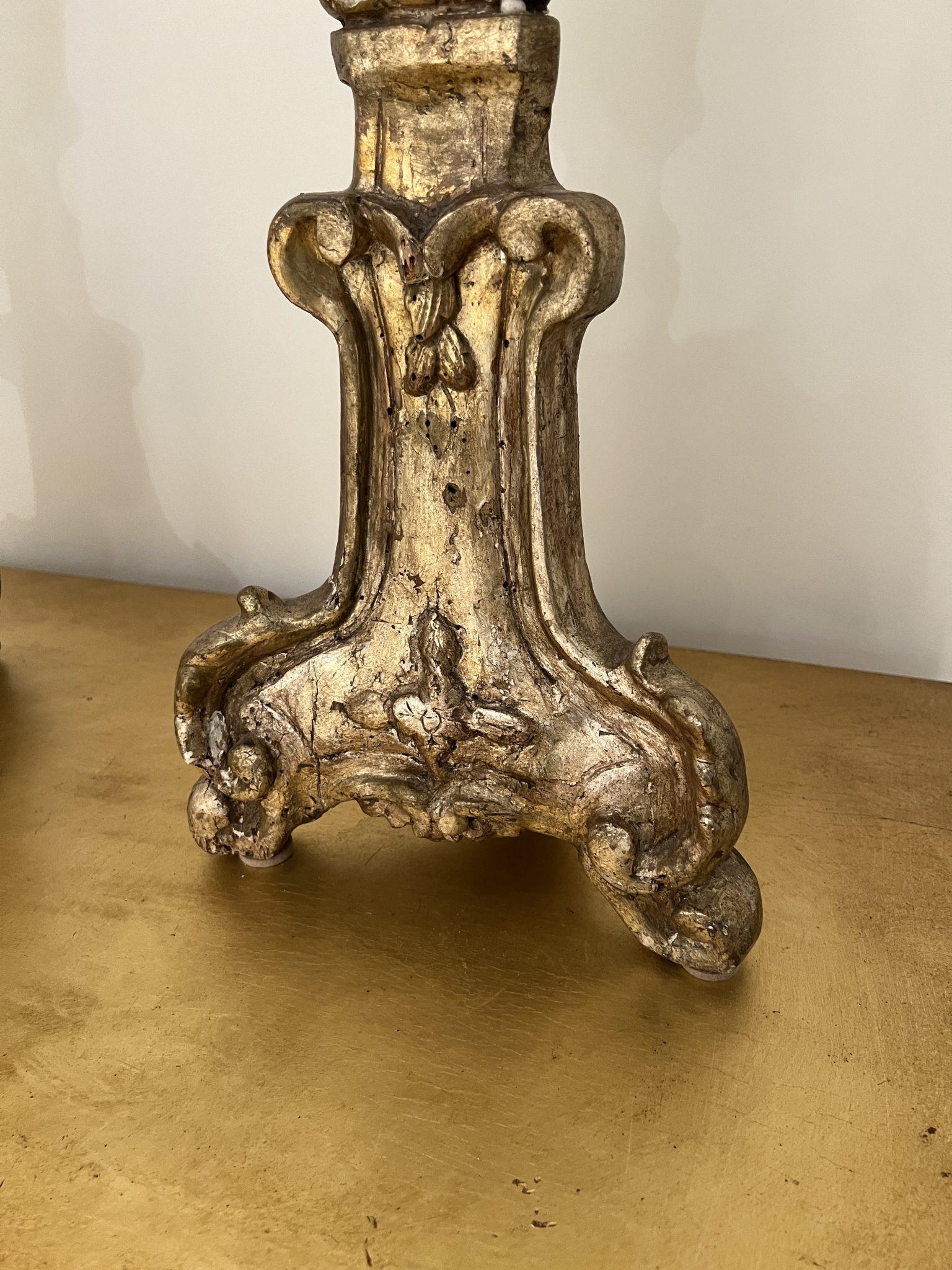Pair 18th Century Italian Large Gold Candlesticks In Distressed Condition For Sale In New Orleans, LA