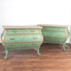 Pair, 18th Century Italian Large Green Painted Bombay Chest of Drawers Commodes