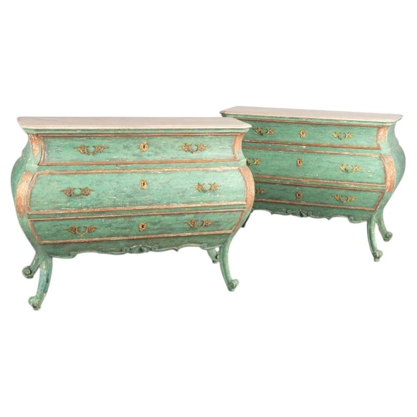 Pair, 18th Century Italian Large Green Painted Bombay Chest of Drawers Commodes