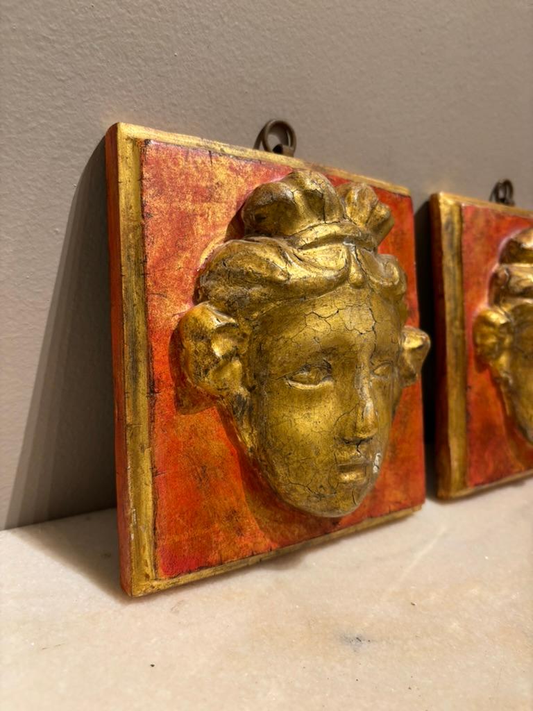Pair 18th Century Italian Neoclassical Gilt Wood and Painted Carved Masks For Sale 5
