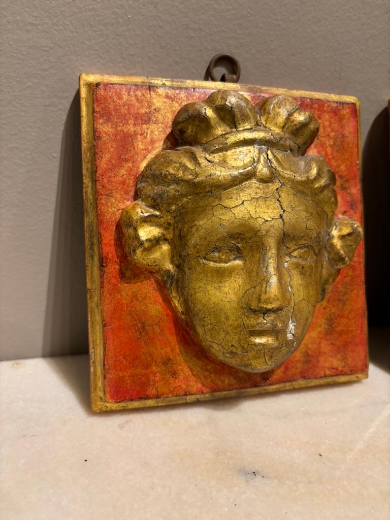 Pair 18th Century Italian Neoclassical Gilt Wood and Painted Carved Masks For Sale 6