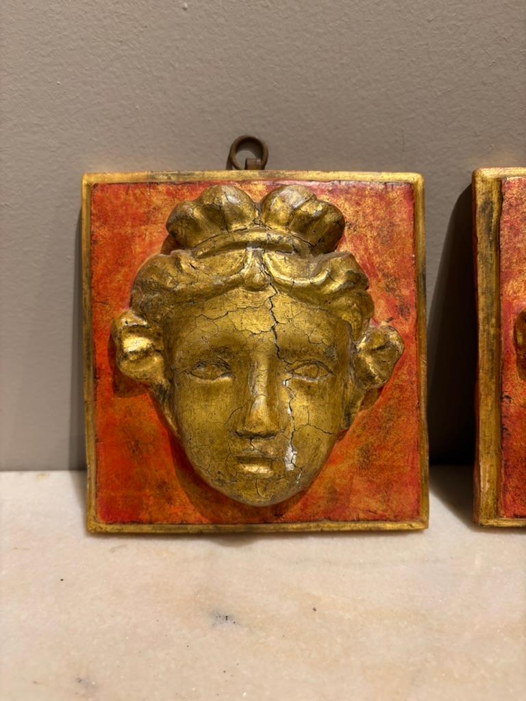 Pair 18th Century Italian Neoclassical Gilt Wood and Painted Carved Masks For Sale 7