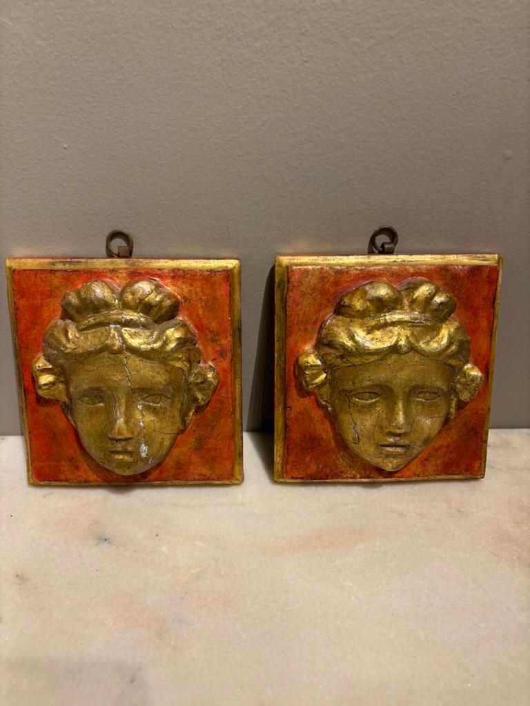 Pair 18th Century Italian Neoclassical Gilt Wood and Painted Carved Masks For Sale 14