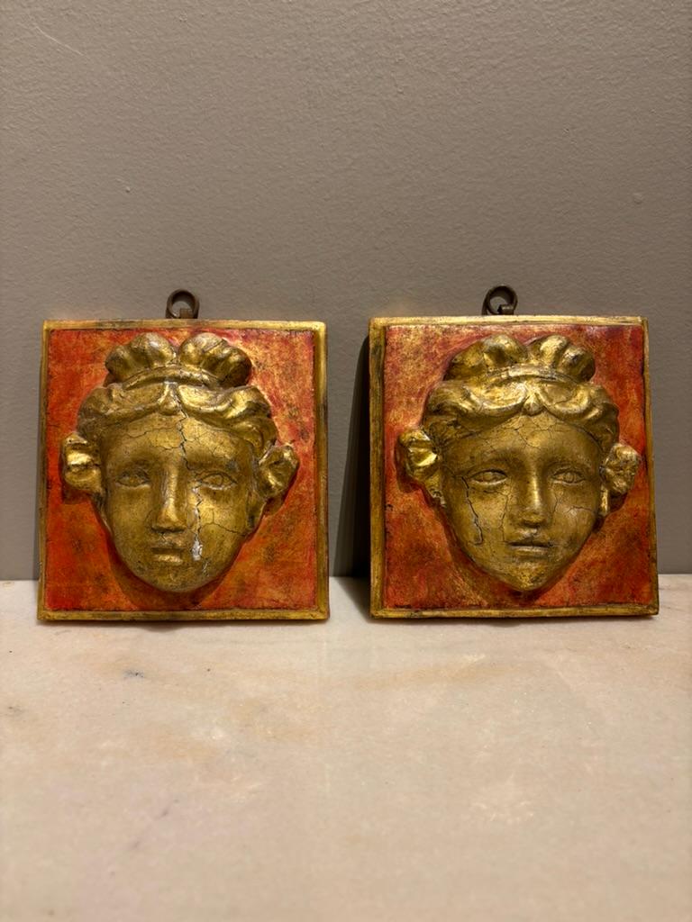Pair 18th Century Italian Neoclassical Gilt Wood and Painted Carved Masks For Sale 15