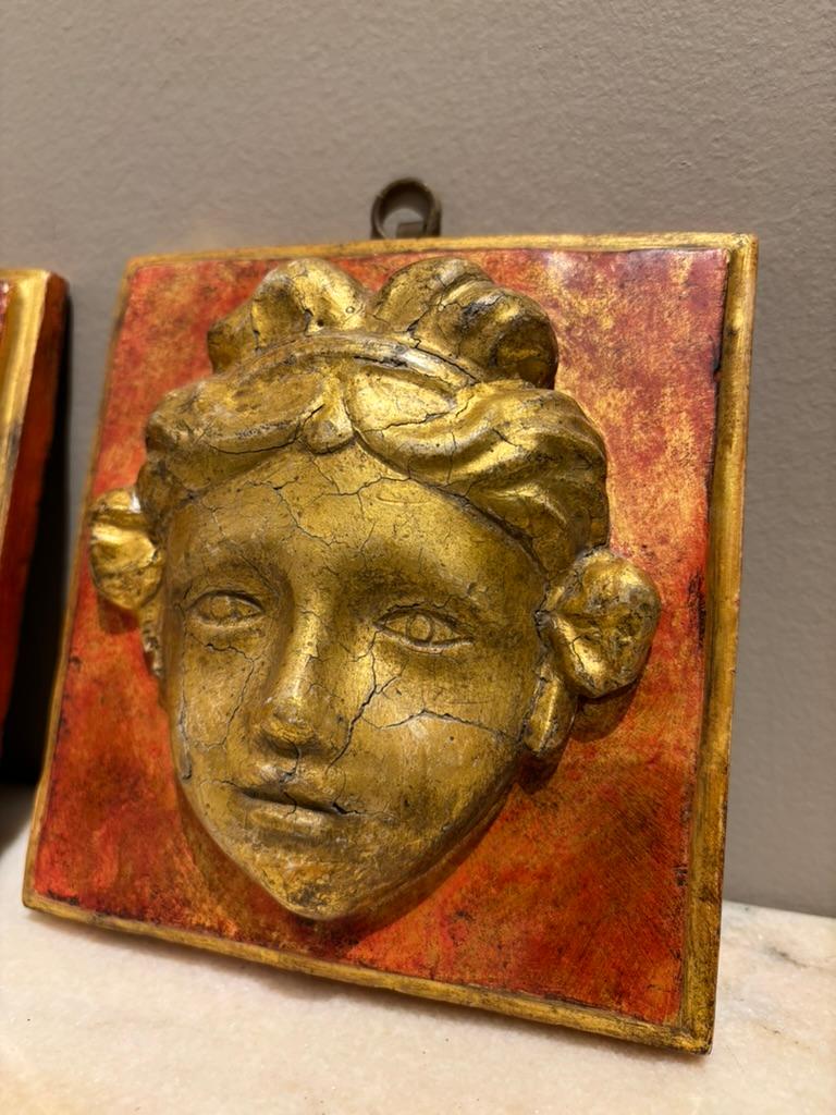 Hand-Carved Pair 18th Century Italian Neoclassical Gilt Wood and Painted Carved Masks For Sale