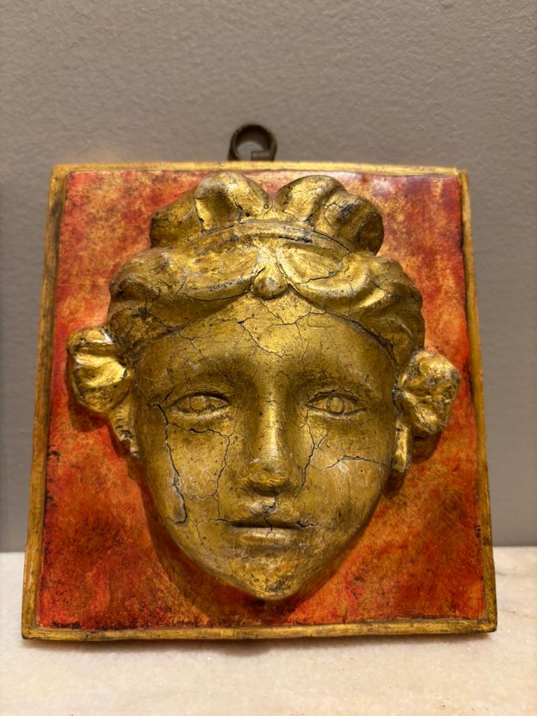 Giltwood Pair 18th Century Italian Neoclassical Gilt Wood and Painted Carved Masks For Sale