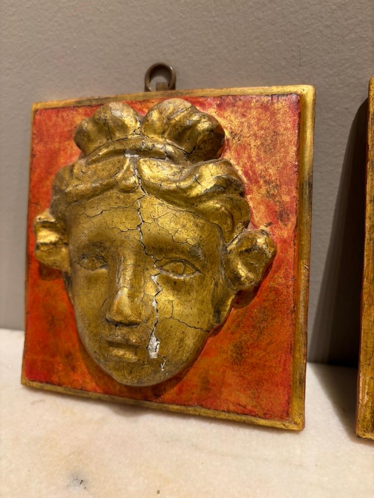 Pair 18th Century Italian Neoclassical Gilt Wood and Painted Carved Masks For Sale 3