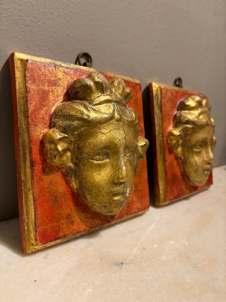 Pair 18th Century Italian Neoclassical Gilt Wood and Painted Carved Masks For Sale 4