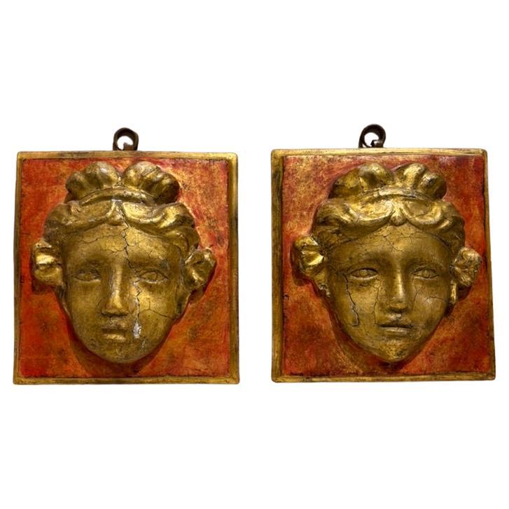Pair 18th Century Italian Neoclassical Gilt Wood and Painted Carved Masks For Sale