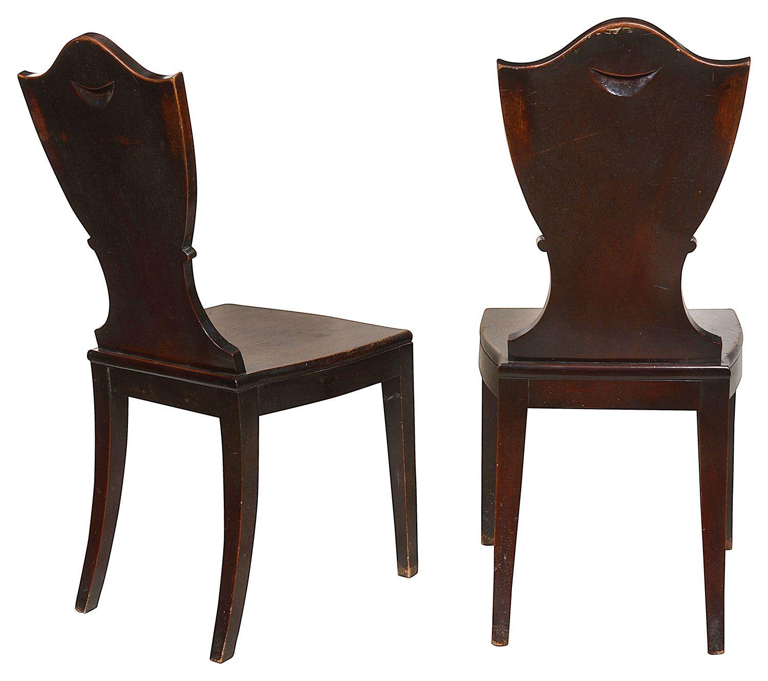 George III Pair 18th Century Mahogany Sheild Back Hall Chairs with Prince of Wales Feathers For Sale