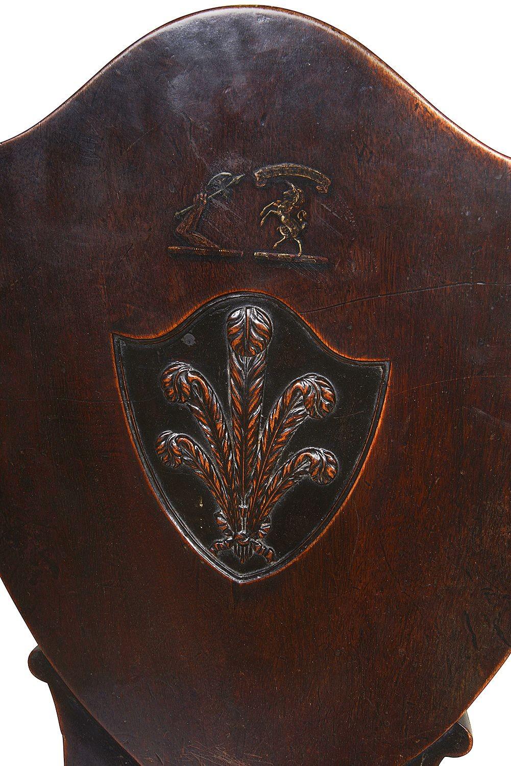 English Pair 18th Century Mahogany Sheild Back Hall Chairs with Prince of Wales Feathers For Sale