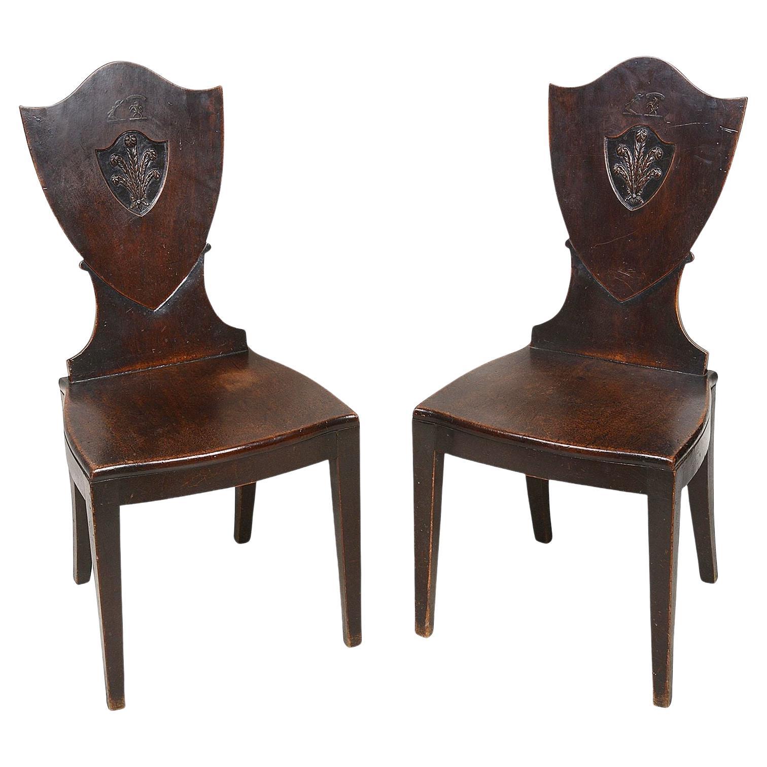 Pair 18th Century Mahogany Sheild Back Hall Chairs with Prince of Wales Feathers For Sale