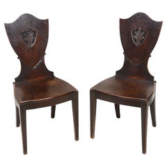 Antique Pair 18th Century Mahogany Sheild Back Hall Chairs with Prince of Wales Feathers