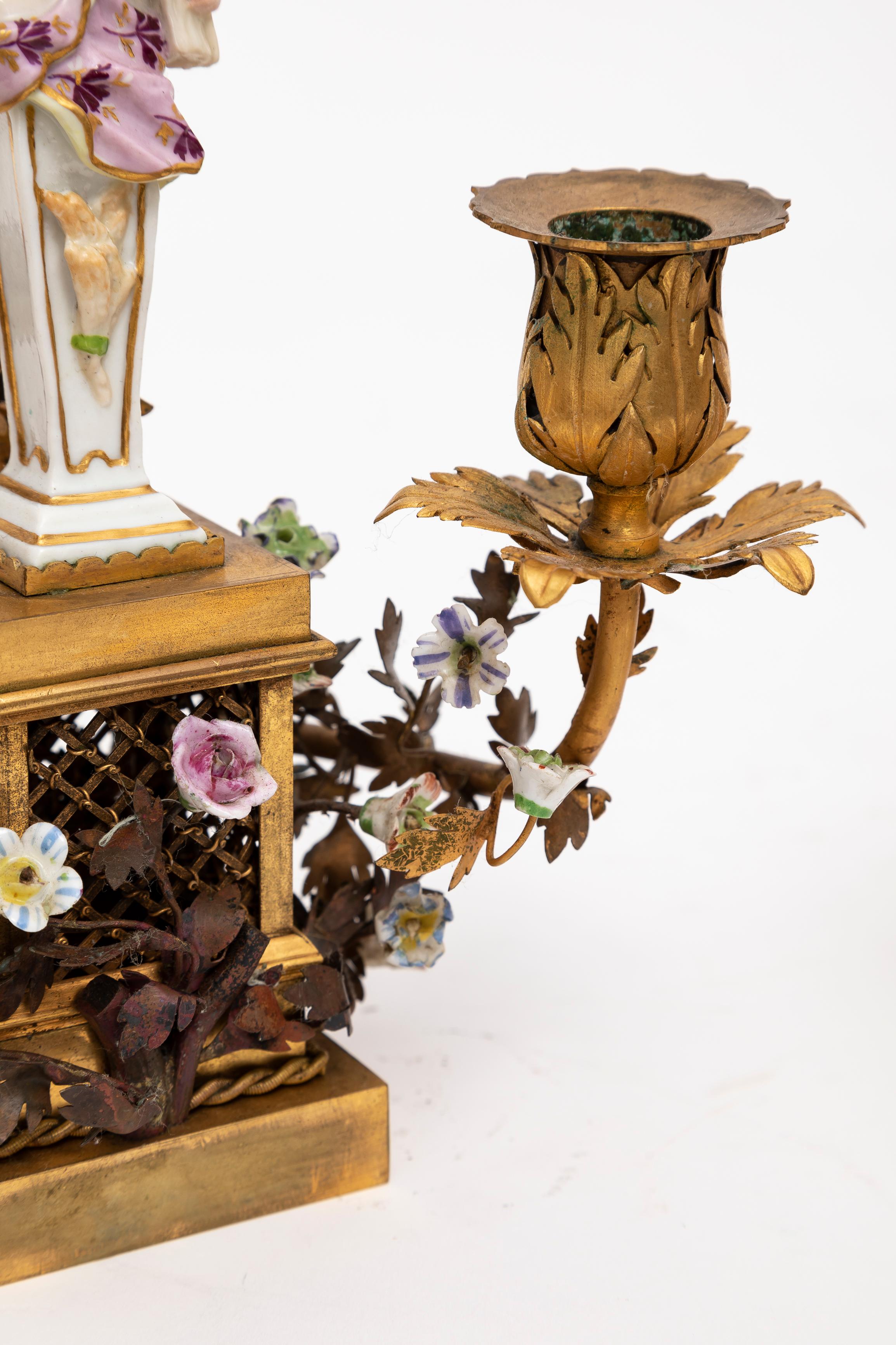 Pair 18th Century Meissen Porcelain & French Doré Three Arm Bronze Candelabras  For Sale 3