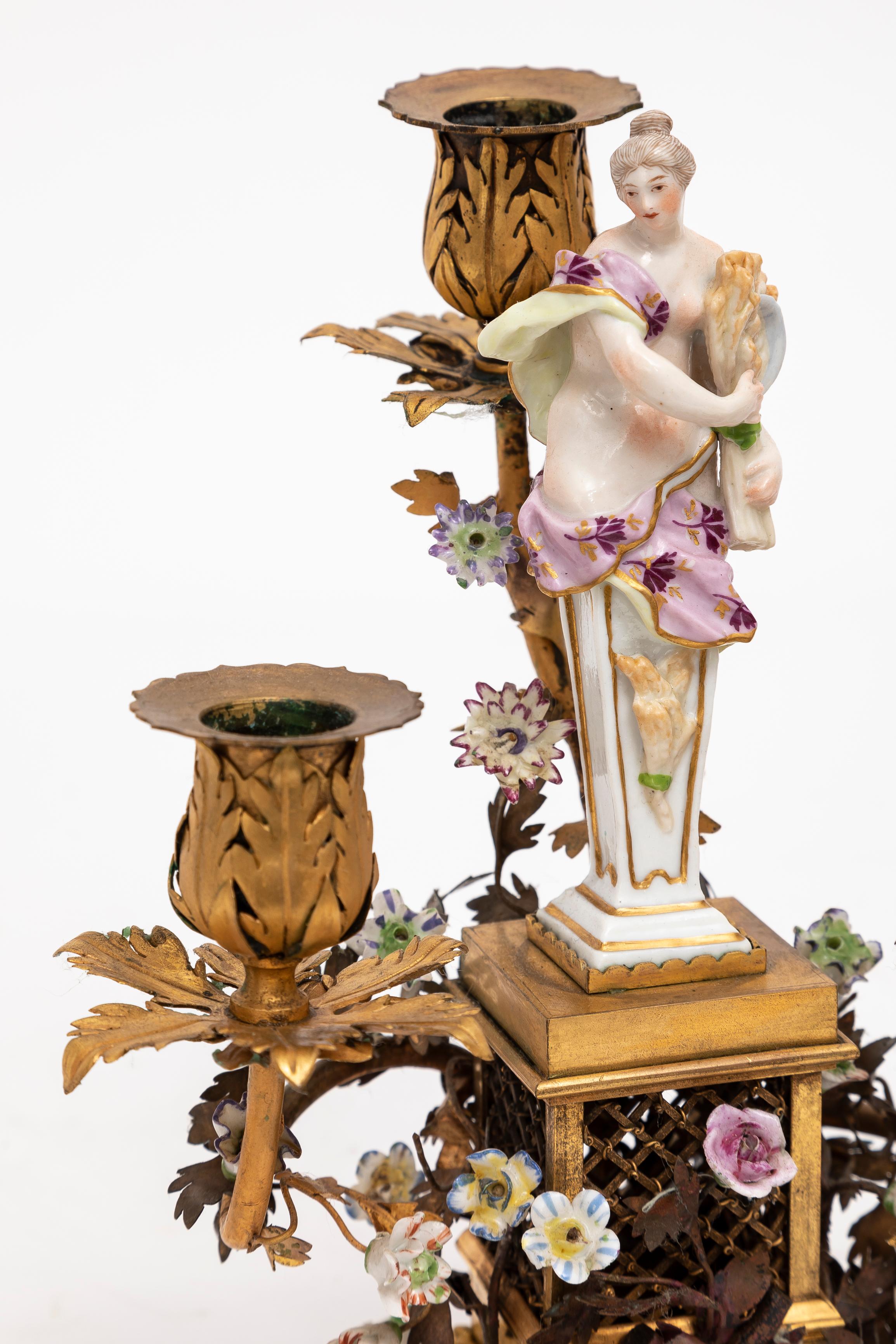 Pair 18th Century Meissen Porcelain & French Doré Three Arm Bronze Candelabras  For Sale 4