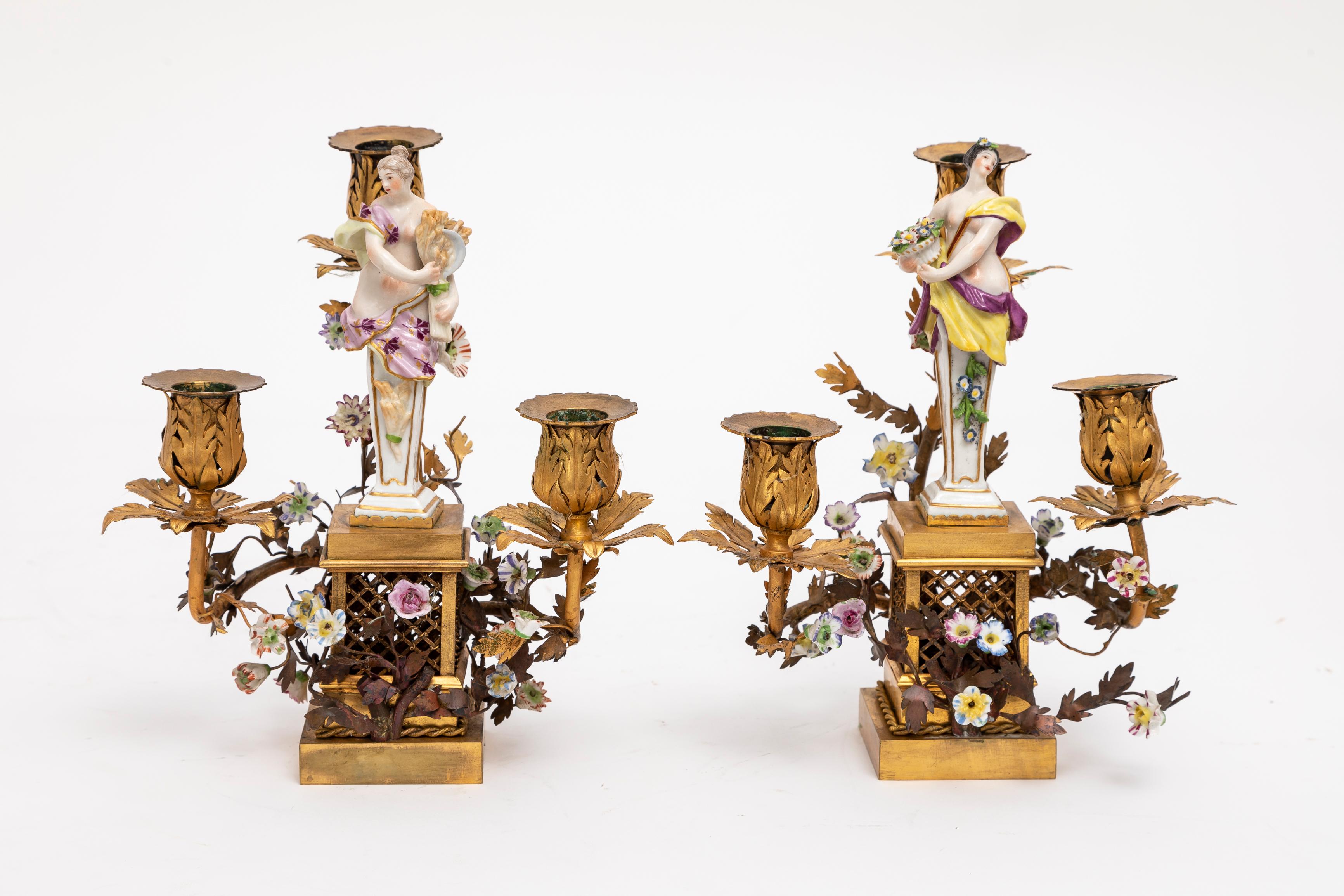 18th Century Meissen Porcelain and French Doré Bronze Candelabras with Applied Porcelain Flowers

Step into an era where Meissen porcelain meets French doré bronze in a harmonious blend of artistry and elegance. These 3-light candelabras, each a
