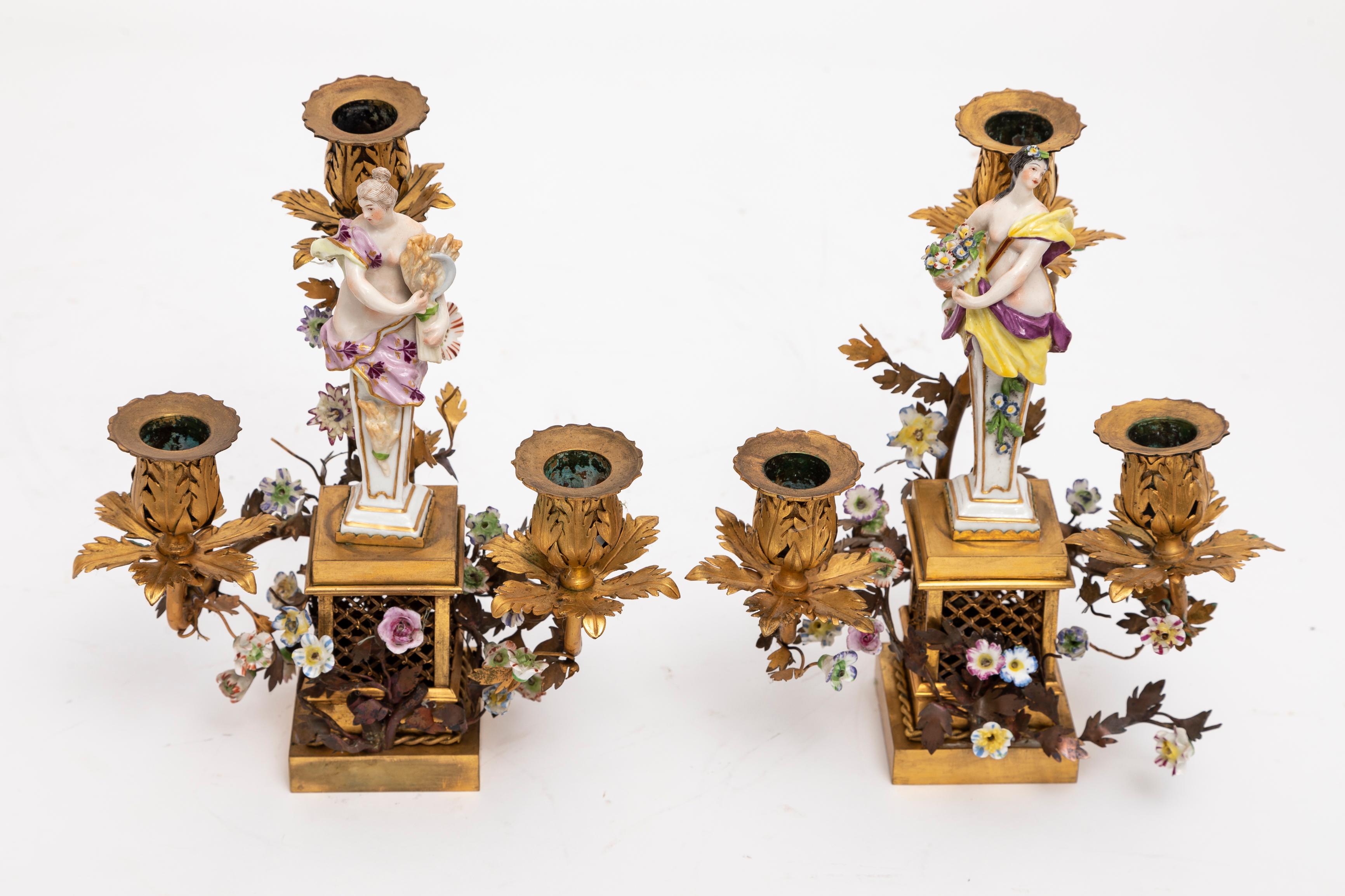 Louis XVI Pair 18th Century Meissen Porcelain & French Doré Three Arm Bronze Candelabras  For Sale