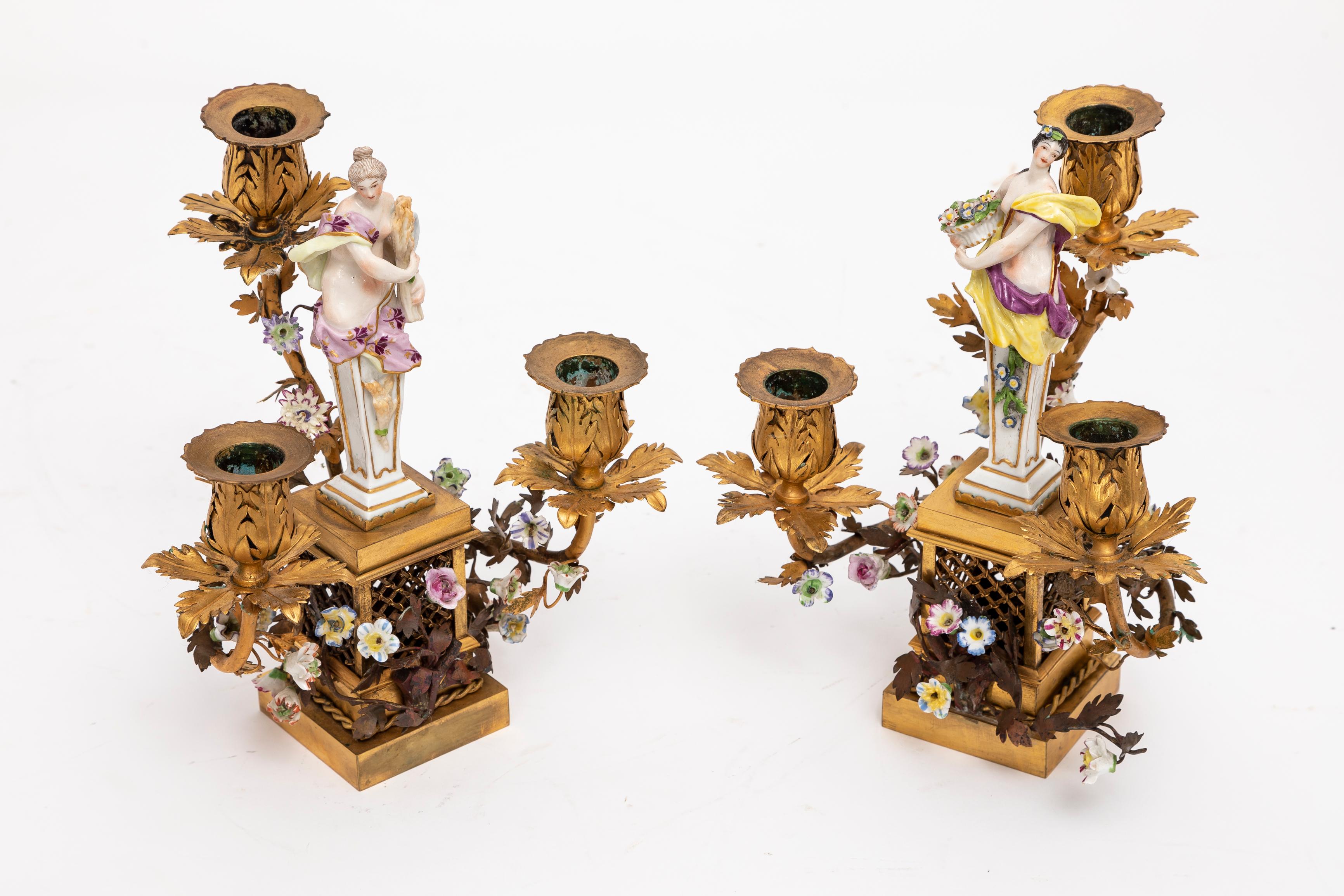 German Pair 18th Century Meissen Porcelain & French Doré Three Arm Bronze Candelabras  For Sale