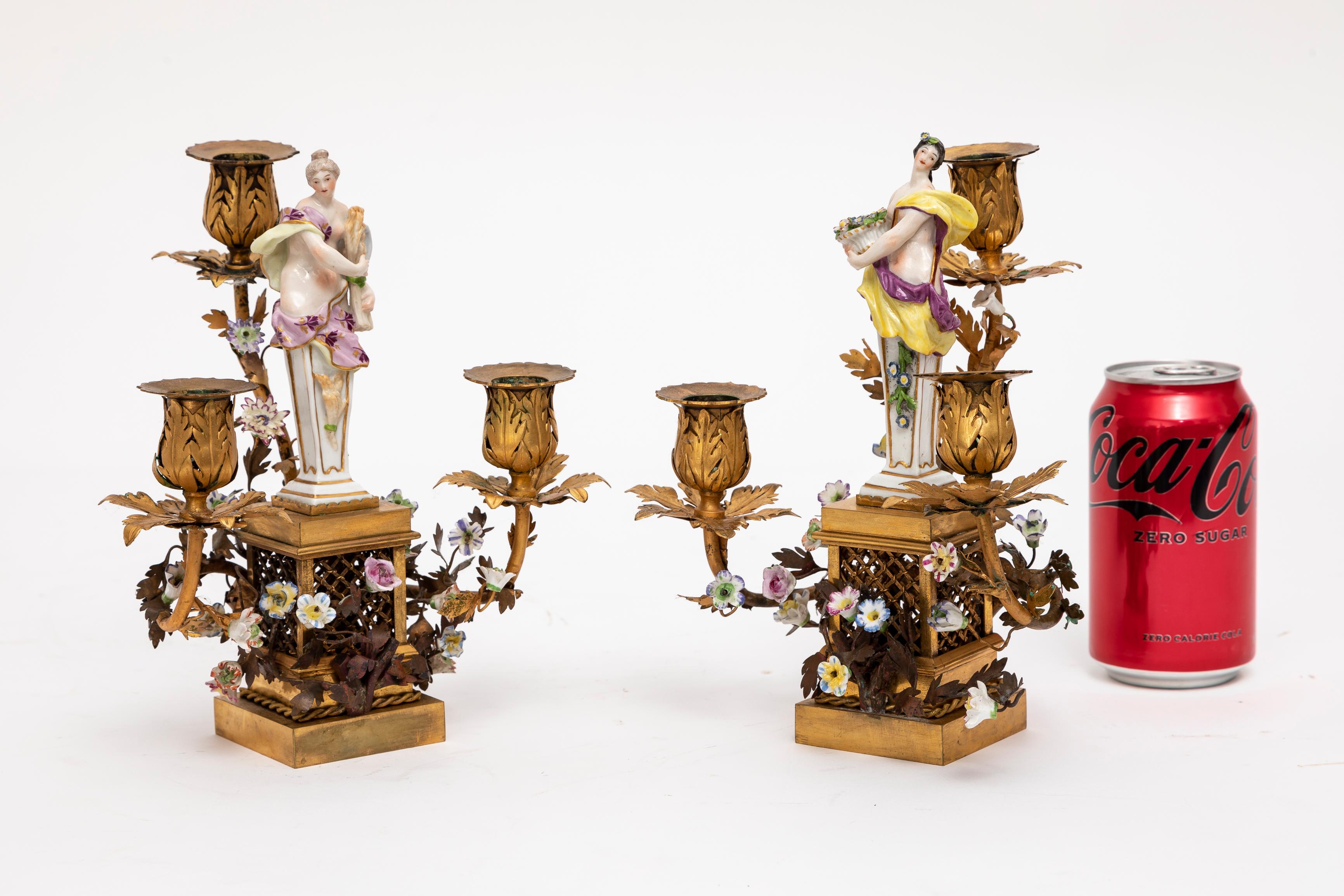 Hand-Painted Pair 18th Century Meissen Porcelain & French Doré Three Arm Bronze Candelabras  For Sale