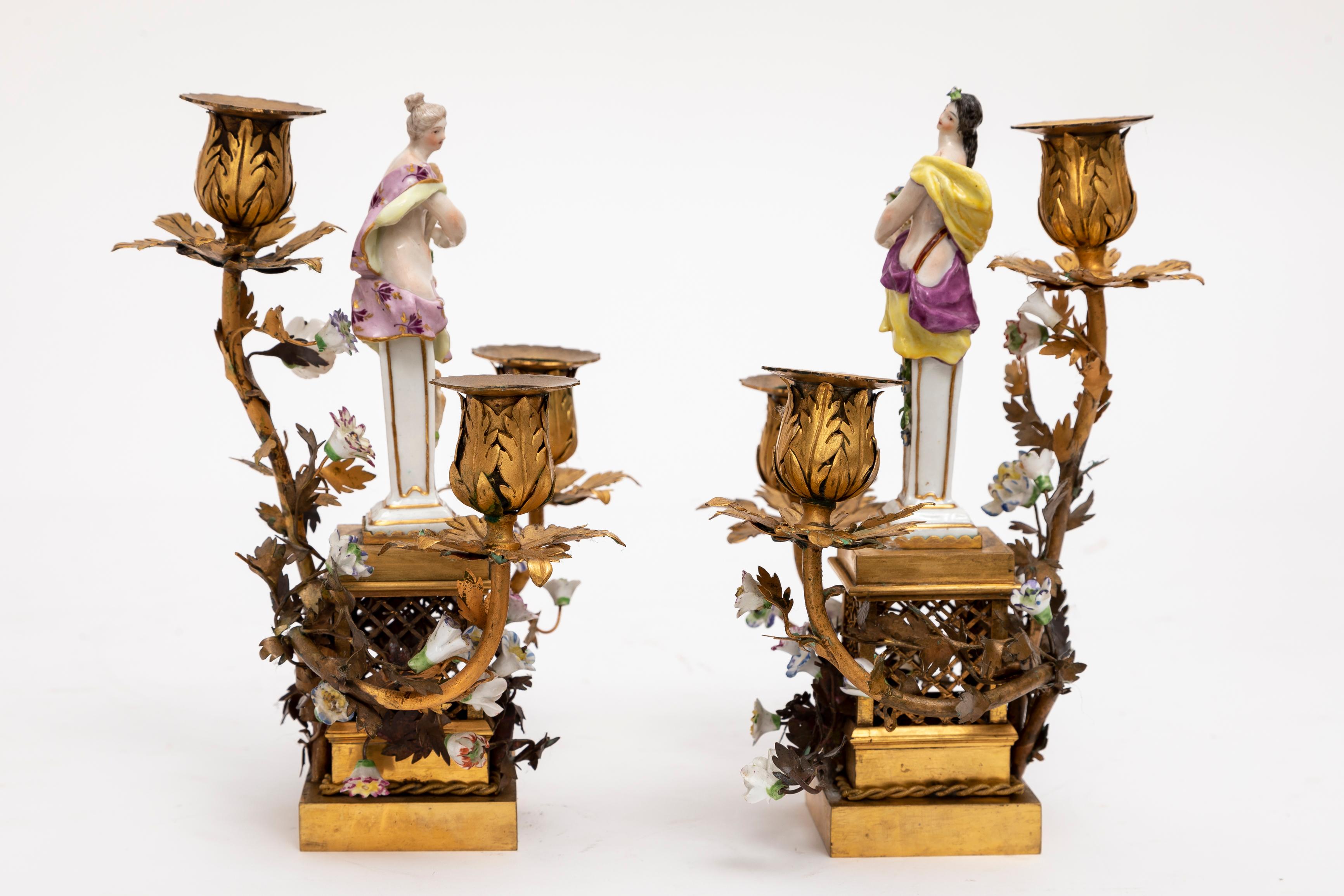 Pair 18th Century Meissen Porcelain & French Doré Three Arm Bronze Candelabras  In Good Condition For Sale In New York, NY