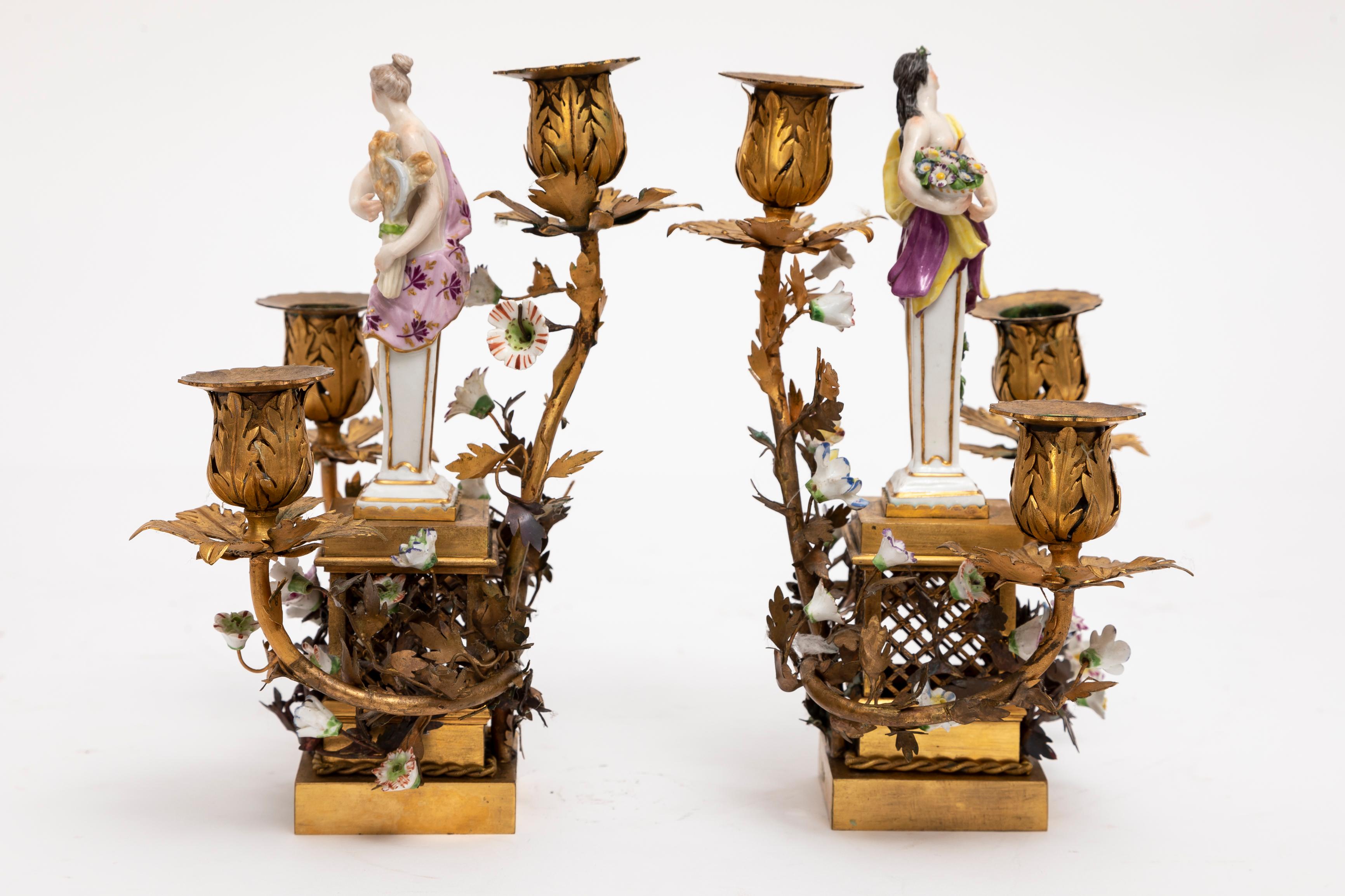18th Century and Earlier Pair 18th Century Meissen Porcelain & French Doré Three Arm Bronze Candelabras  For Sale