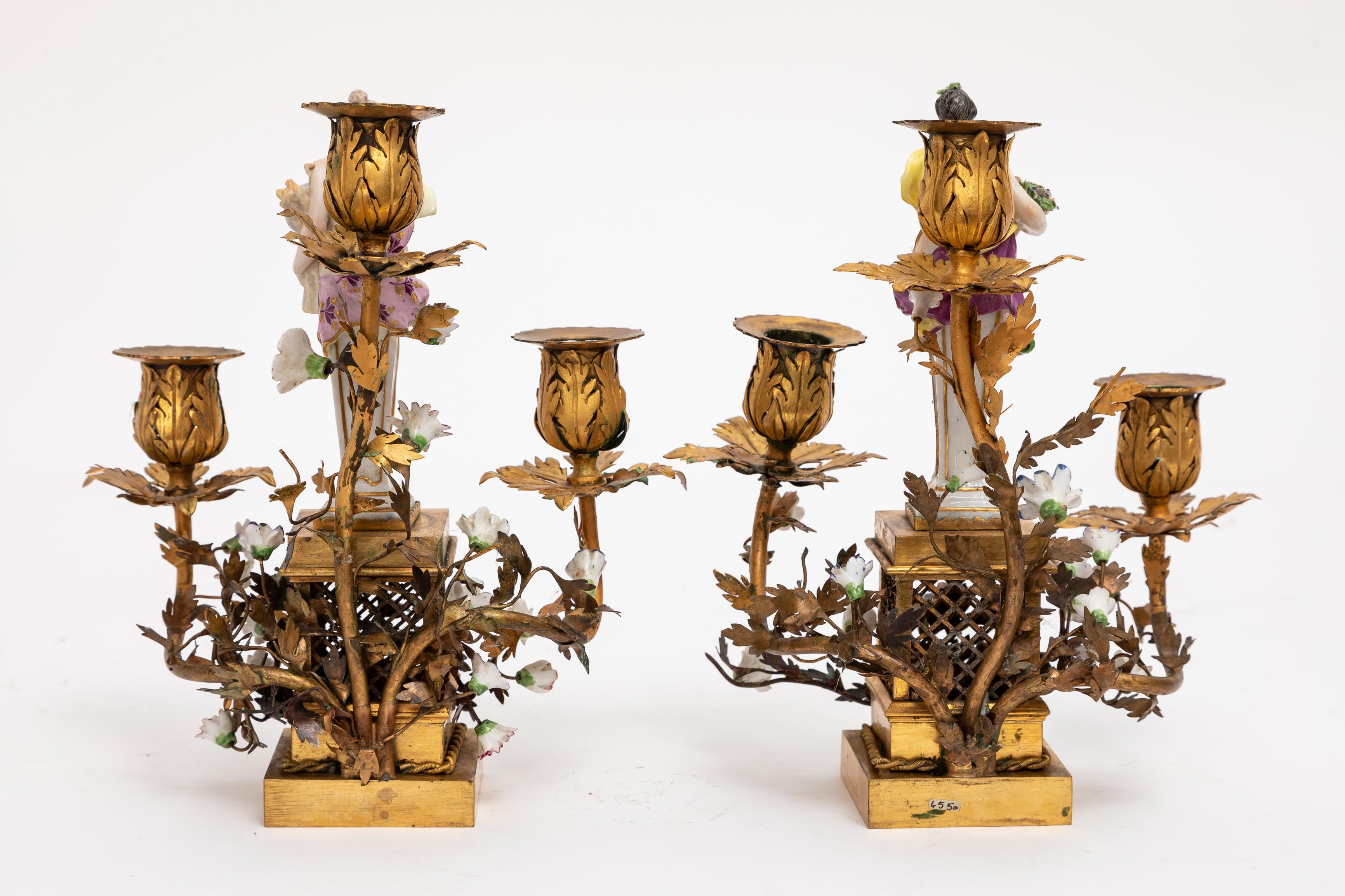 Ormolu Pair 18th Century Meissen Porcelain & French Doré Three Arm Bronze Candelabras  For Sale