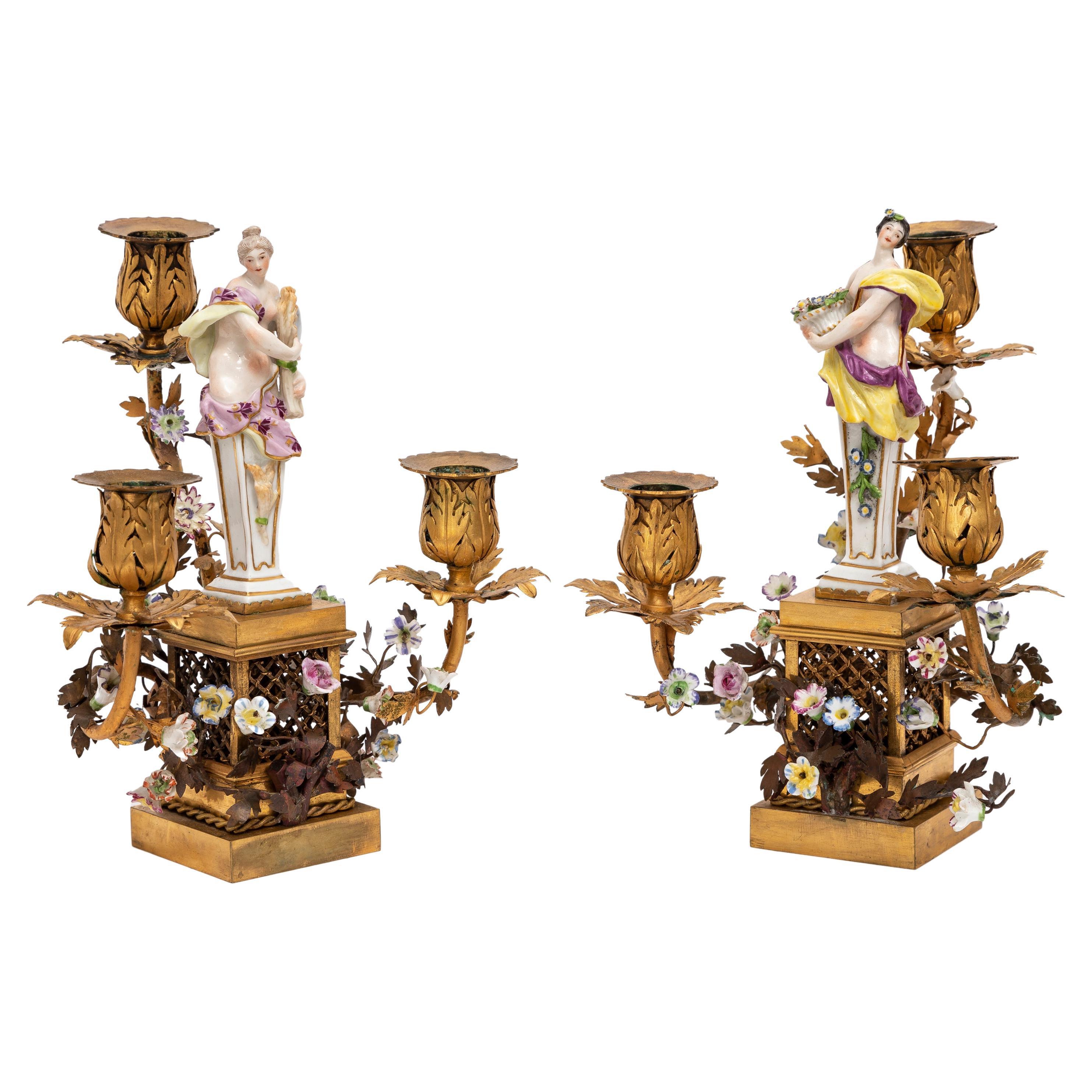 Pair 18th Century Meissen Porcelain & French Doré Three Arm Bronze Candelabras 