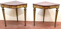 Pair 18th-Century Neapolitan Painted Corner Console Tables, Faux Porphyry Tops