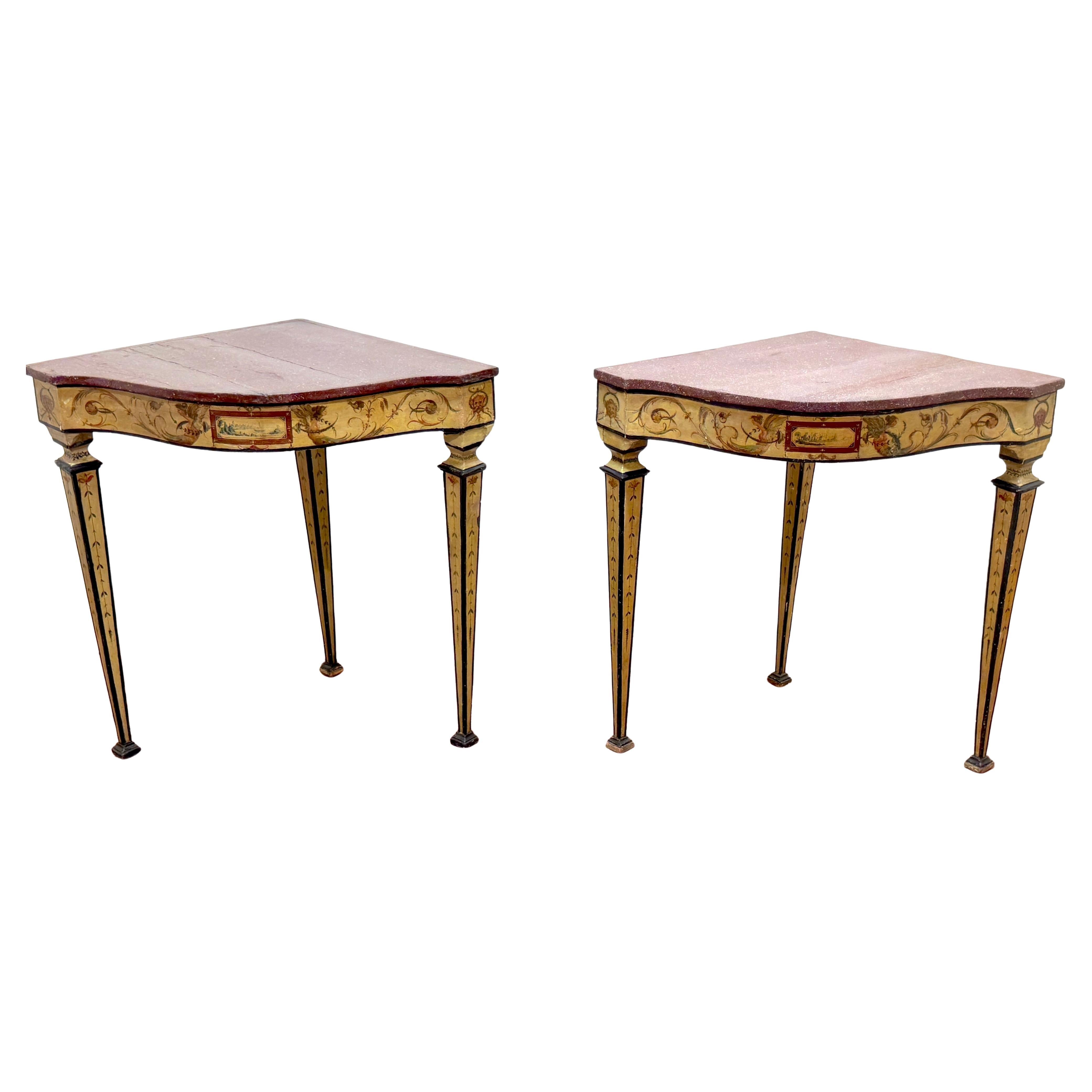 Pair 18th-Century Neapolitan Painted Corner Console Tables, Faux Porphyry Tops