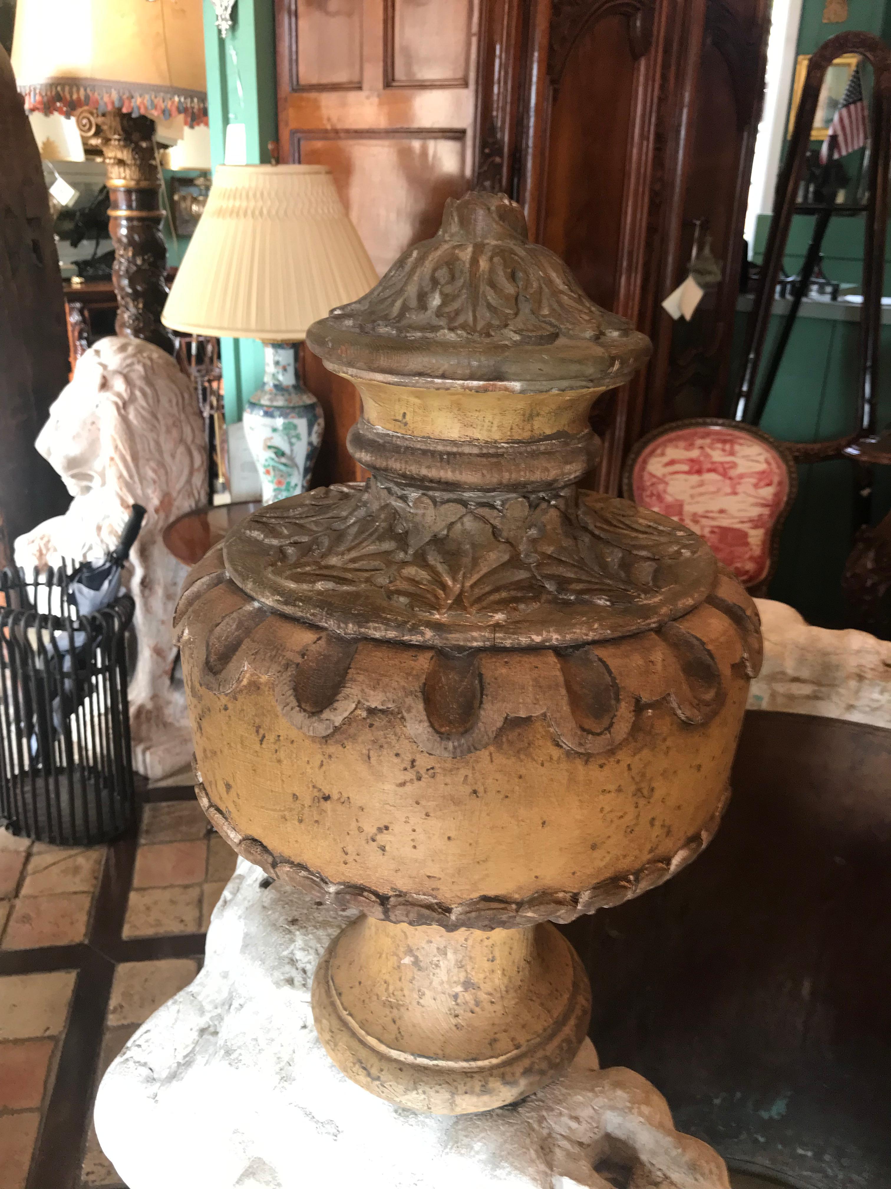 Hand-Carved Pair Hand Carved Wood Finials Vase Shape Centerpiece Urns Antiques Los Angeles For Sale