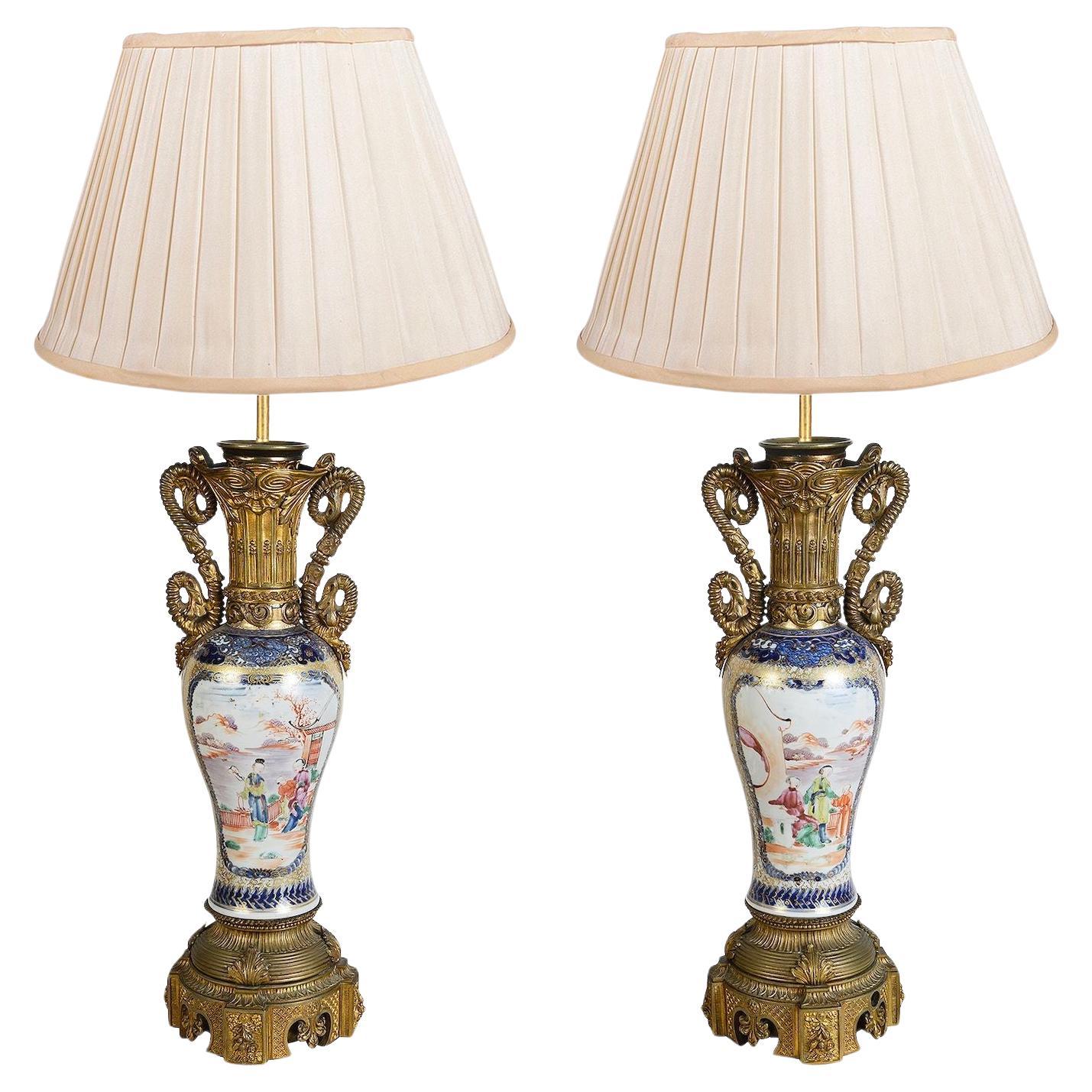 Pair 18th Century ormolu mounted Mandarin vases/lamps